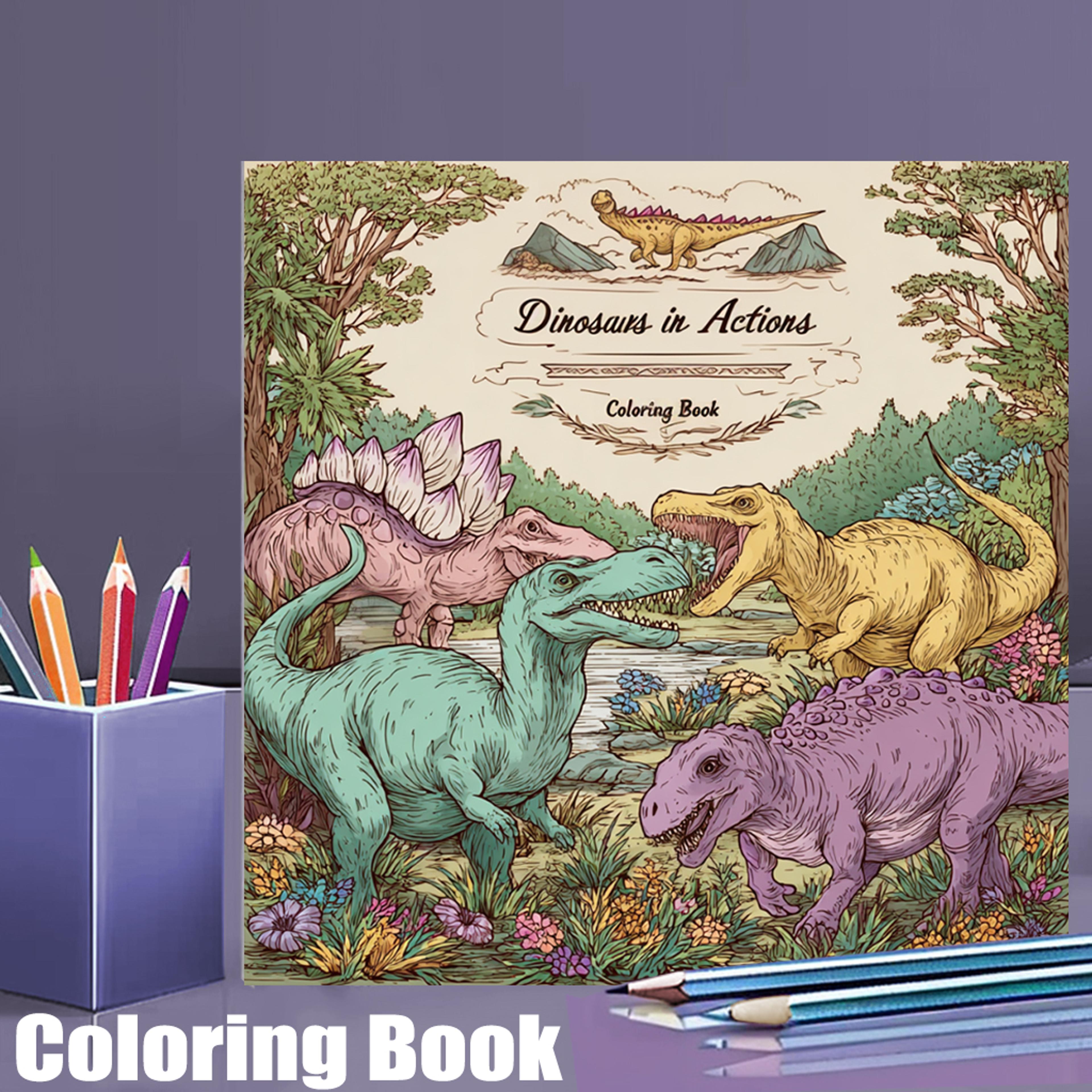 adult coloring book, dinosaurs in action, drawing supplies for christmas and thanksgiving gifts