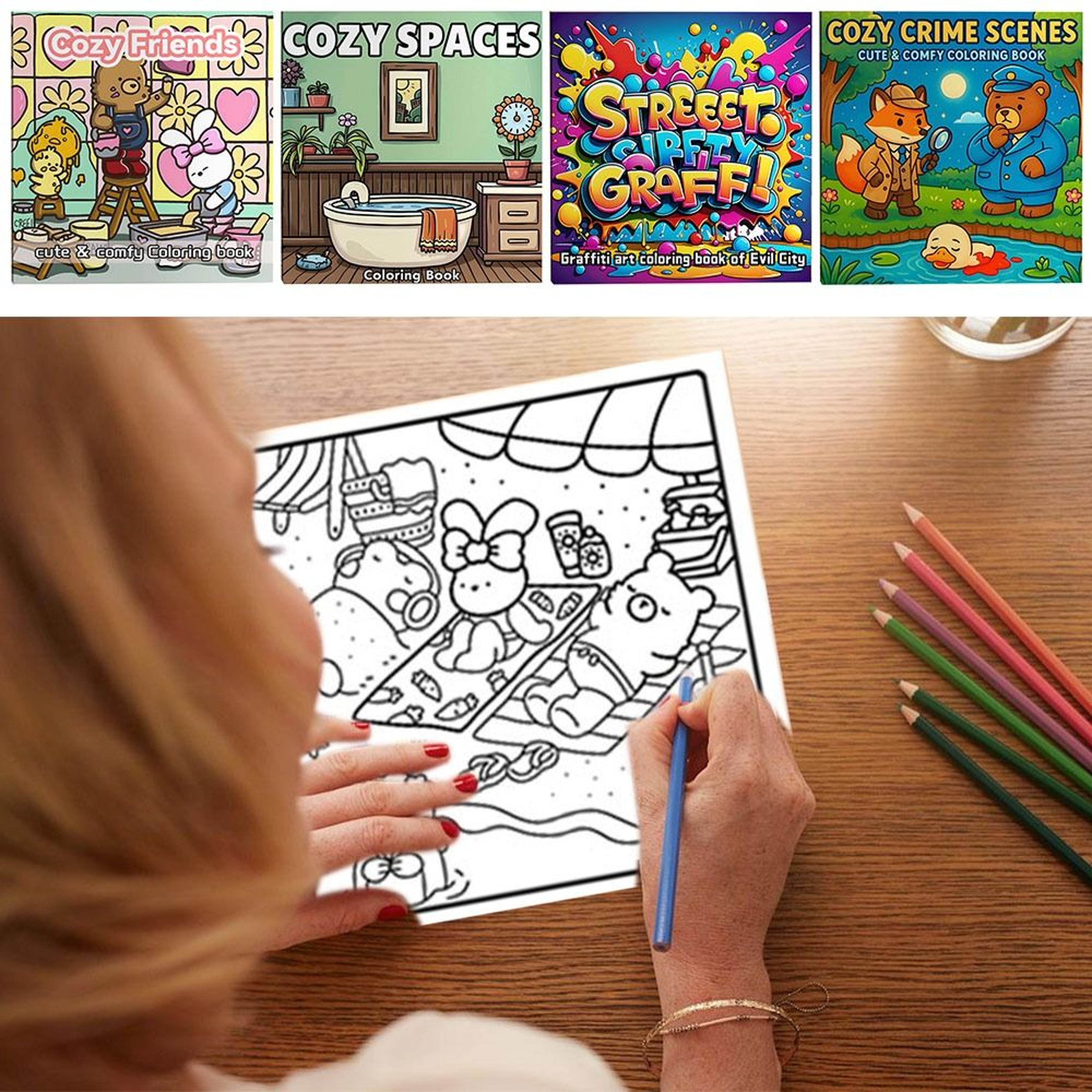 cute cartoon coloring book for adults, educational stress relief, graffiti painting gift for teens