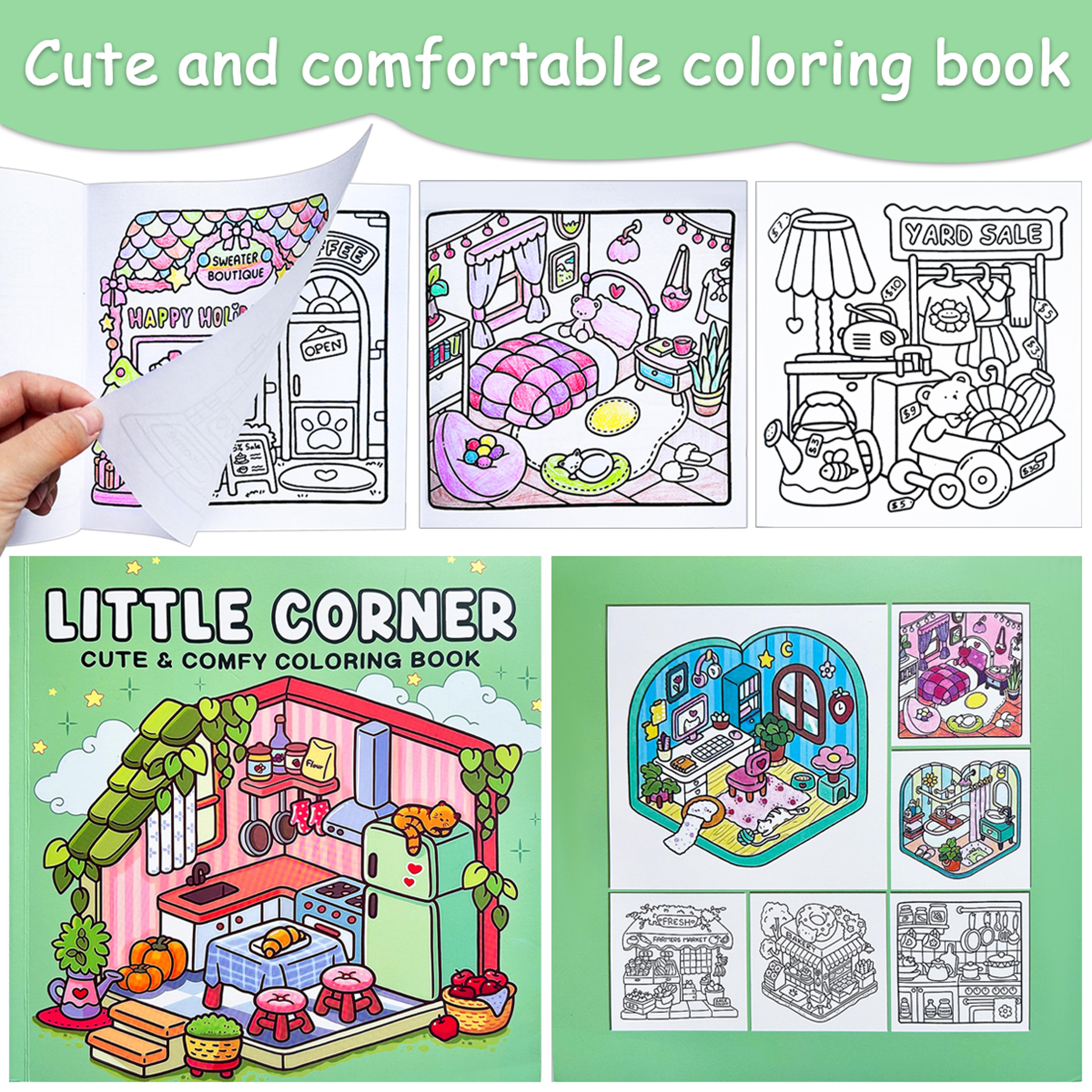 cozy little corner coloring book, for kids and adults, relaxing art therapy with home and shop drawings
