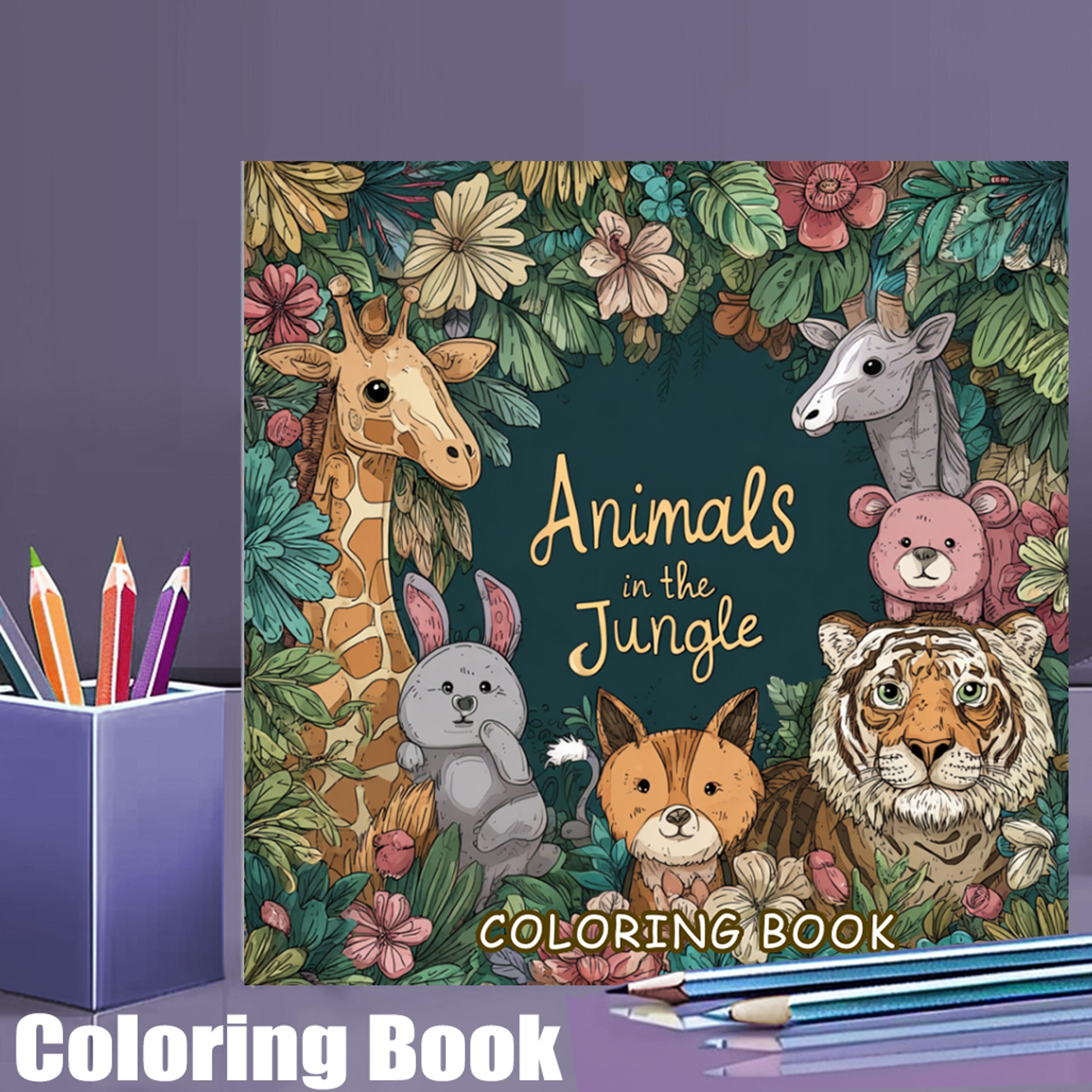 animals in the jungle coloring book for adult, premium colouring book, ideal drawing supplies for christmas