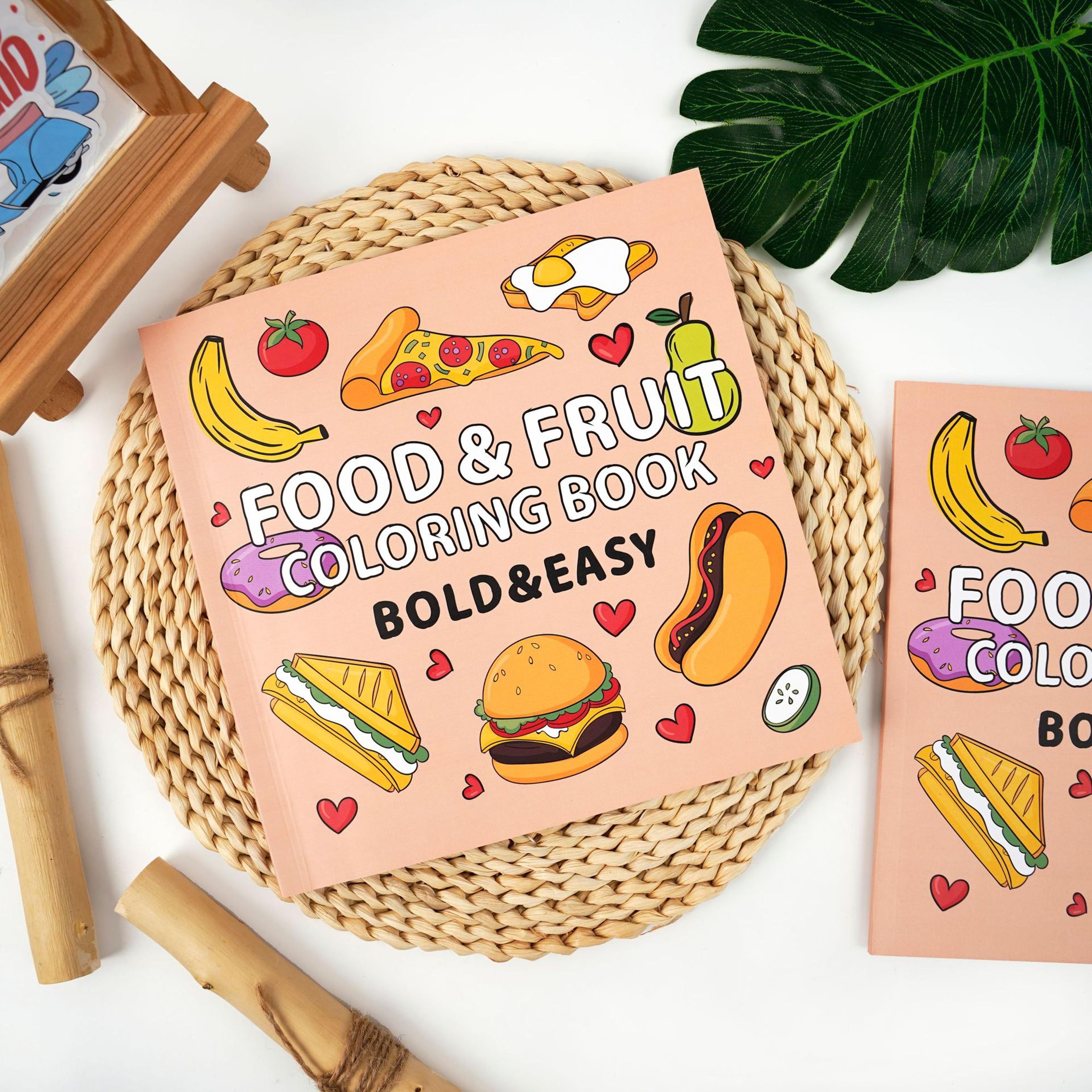 food and fruit graffiti coloring book, creative art activity for kids, childrens coloring book