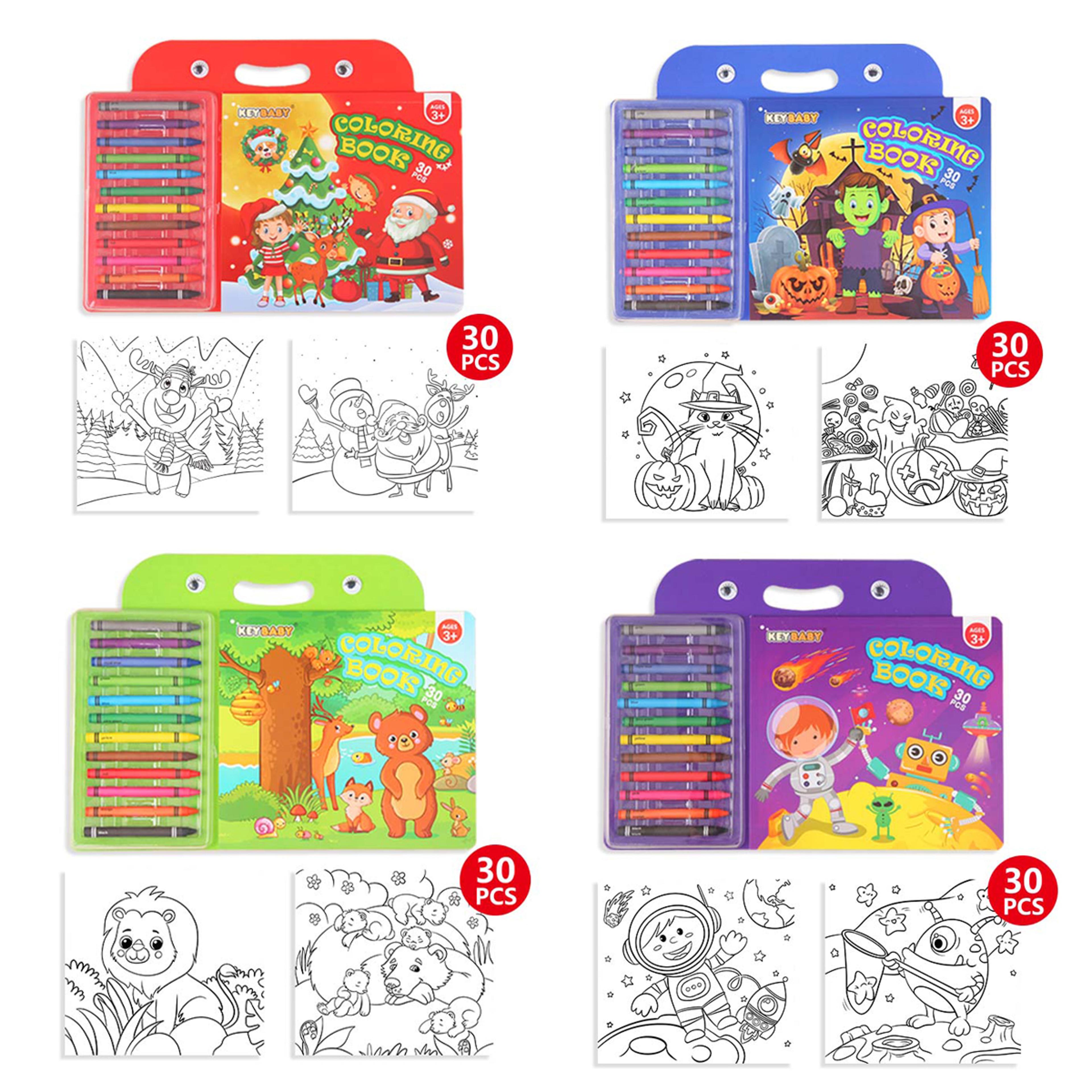 childrens coloring book set, drawing book with colorful crayon, christmas, halloween, animal, space edition