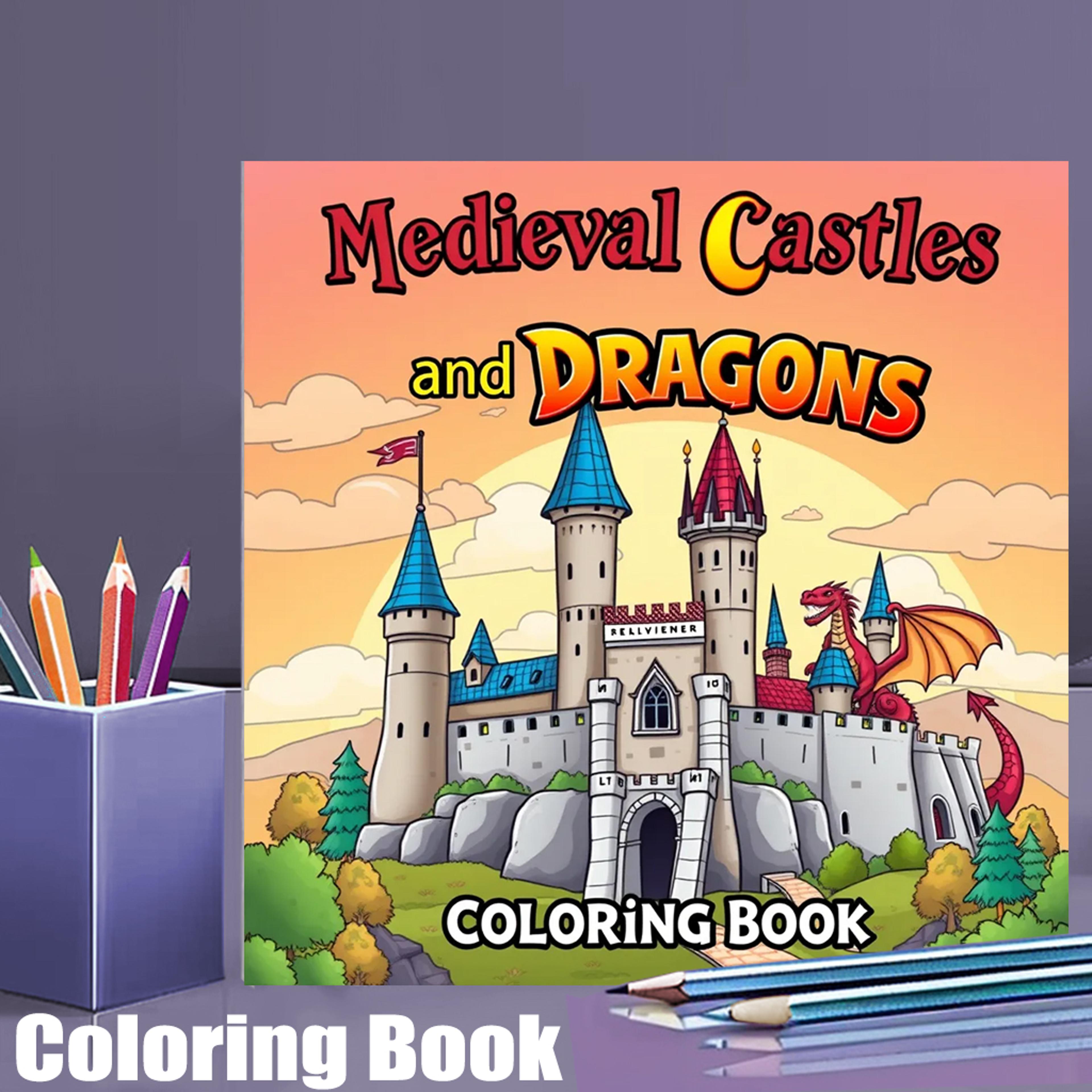 original medieval castles coloring book for adults, dragons and fantasy colouring book, christmas drawing supplies gift