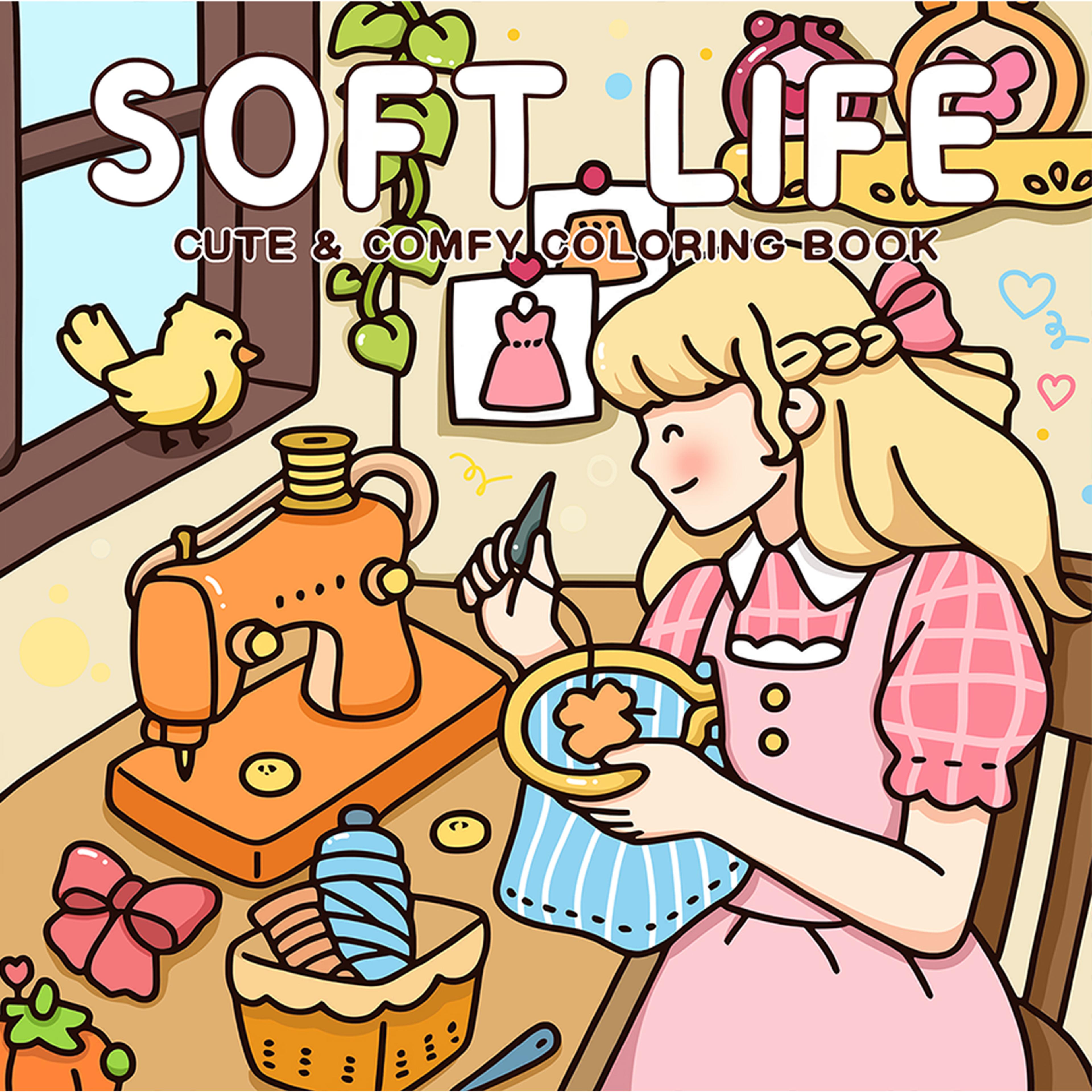 soft life cute & comfy coloring book for adults, cute cartoon patterns, perfect painting gift for party and birthday