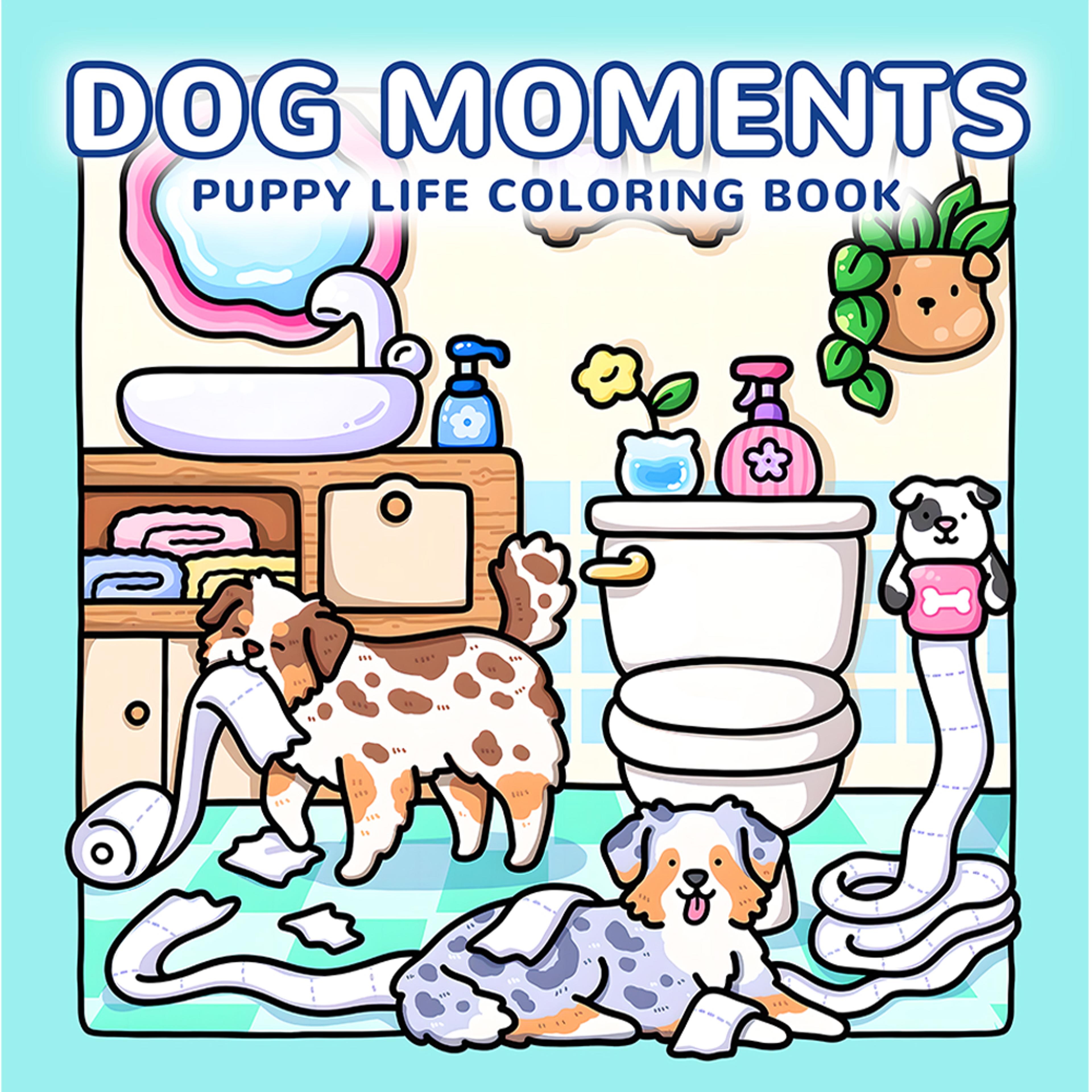 dog moments colouring book, puppy life scenes for adult stress relief, kids educational toys, painting drawing book