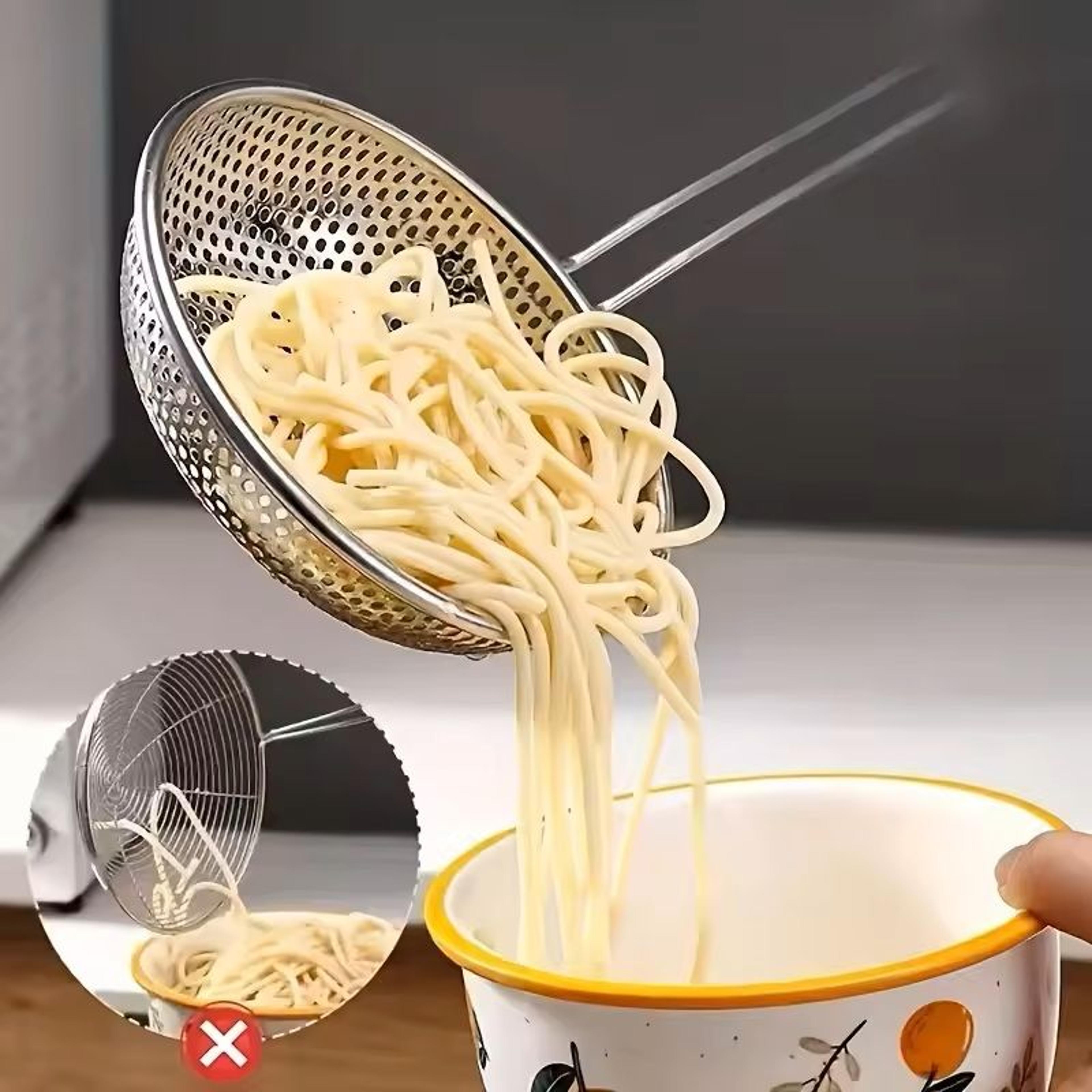 stainless steel fine-mesh skimmer spoon with wooden handle for pasta & grease straining