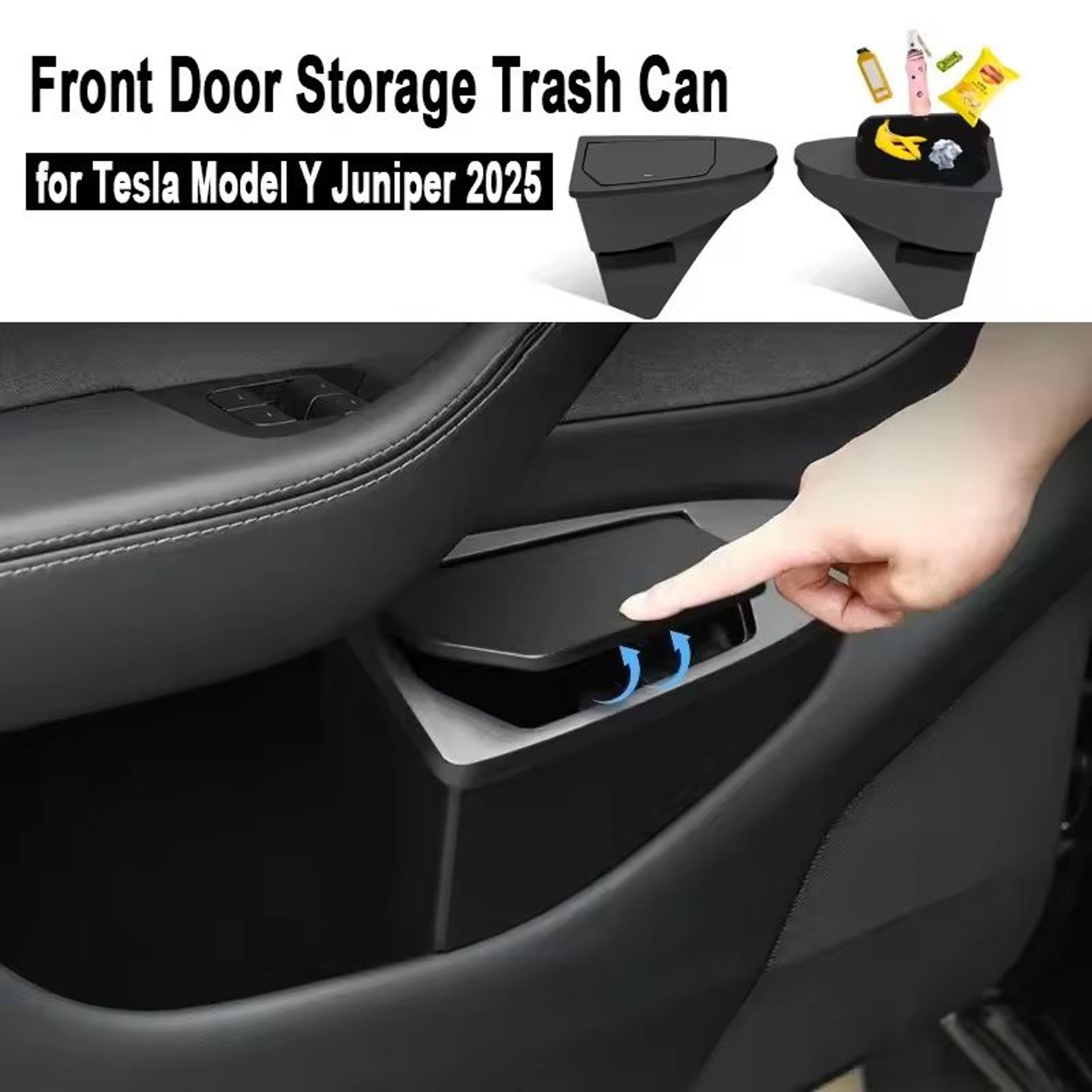 front door storage and trash can organizer for tesla model y (juniper 2025)