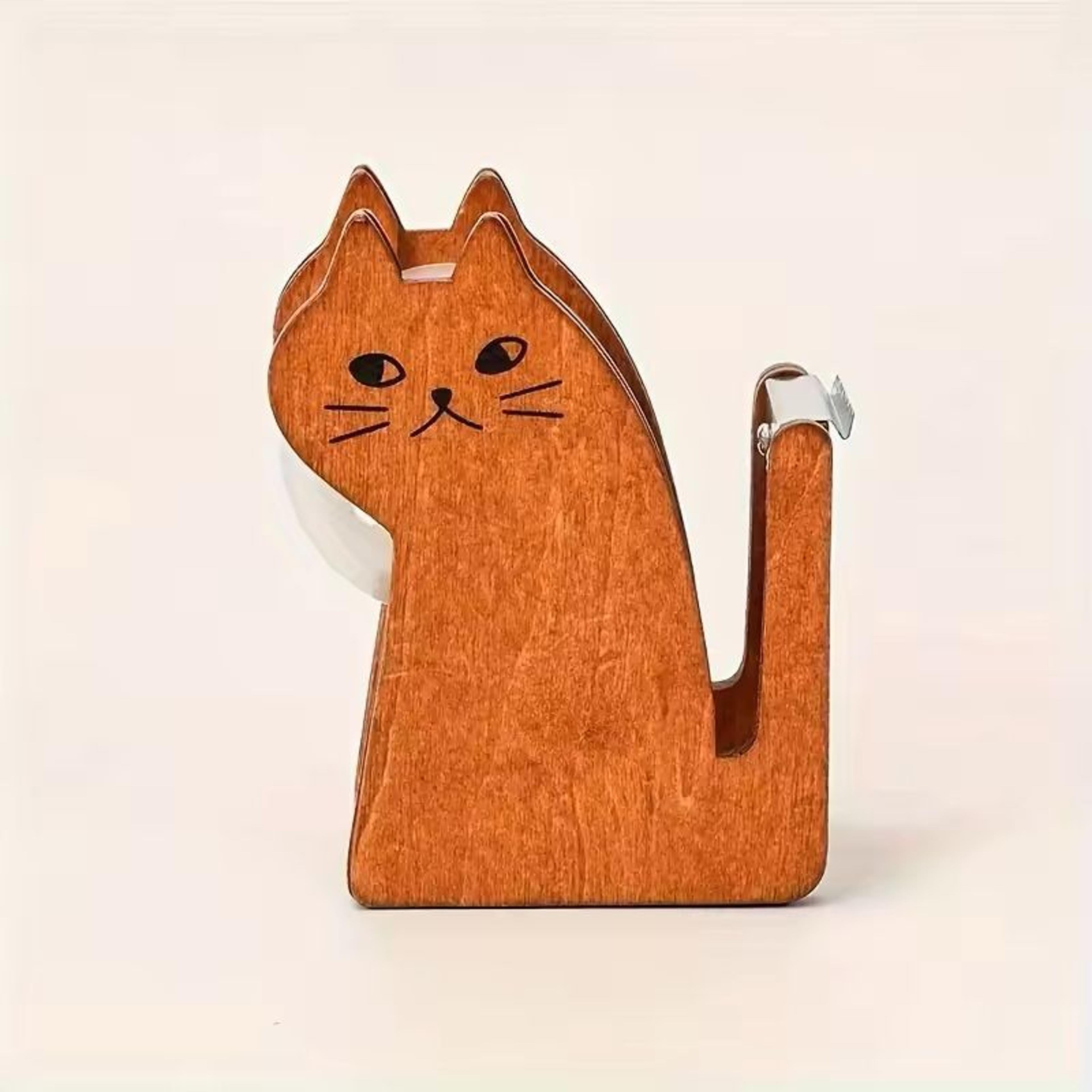 cat-shaped wooden & transparent plastic tape dispenser cute desk stationery holder