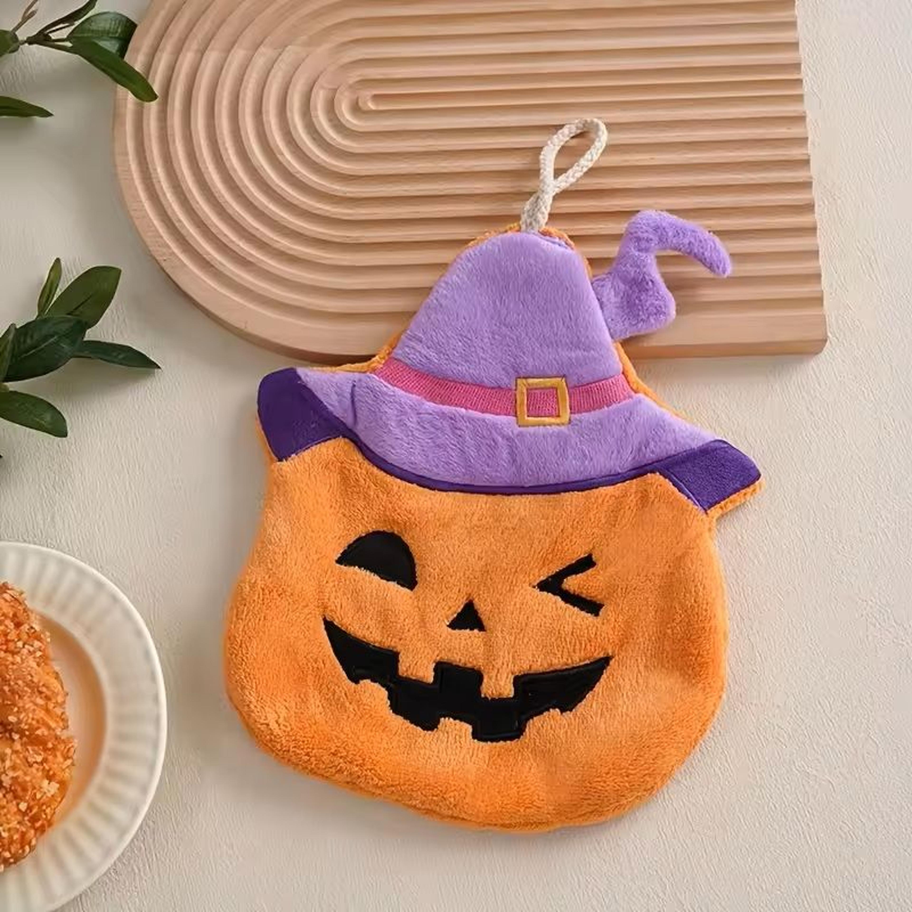 halloween pumpkin coral velvet hanging hand towel cute holiday wipe for kitchen & bathroom