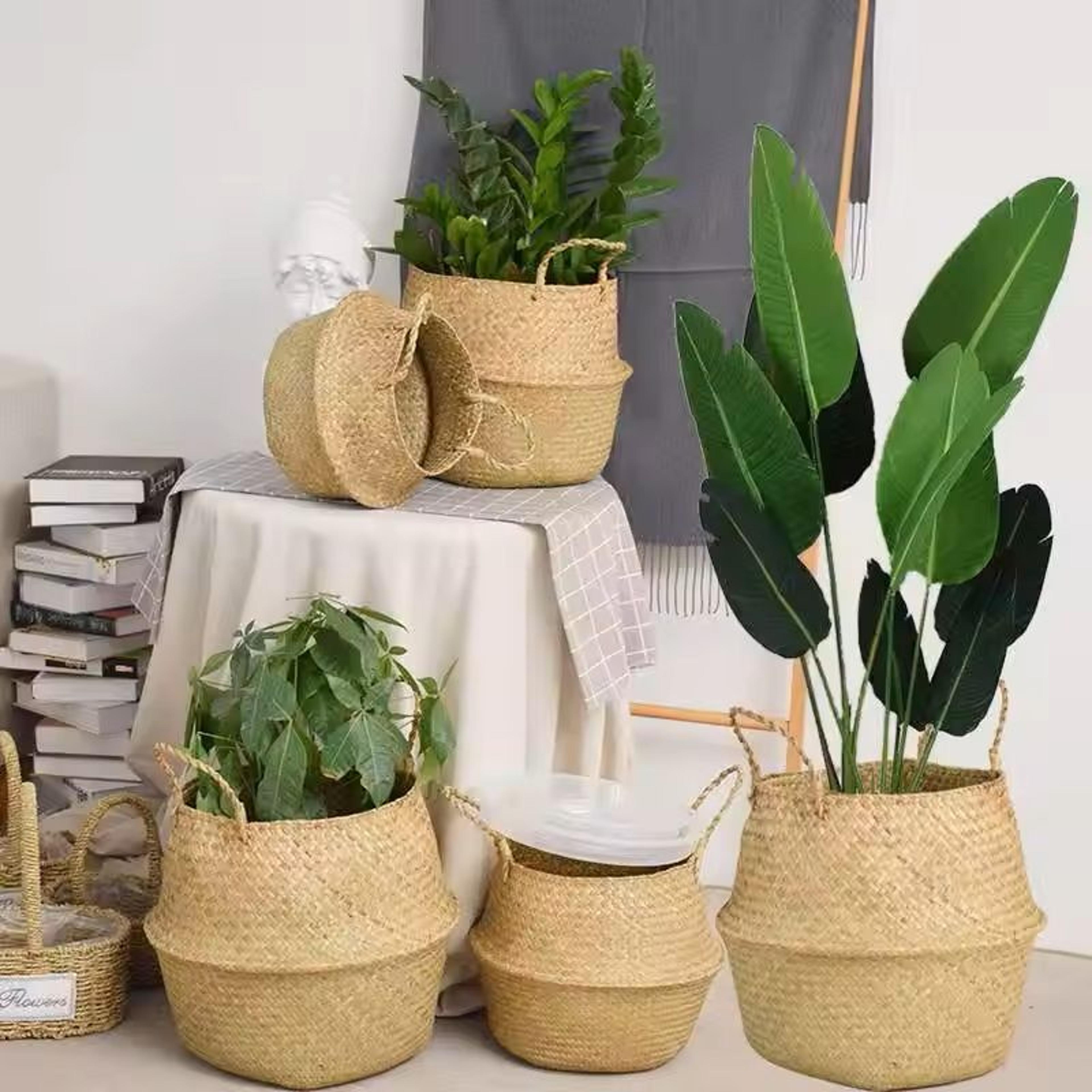 hand-woven seagrass storage basket – natural wicker basket for laundry, plants & home decor