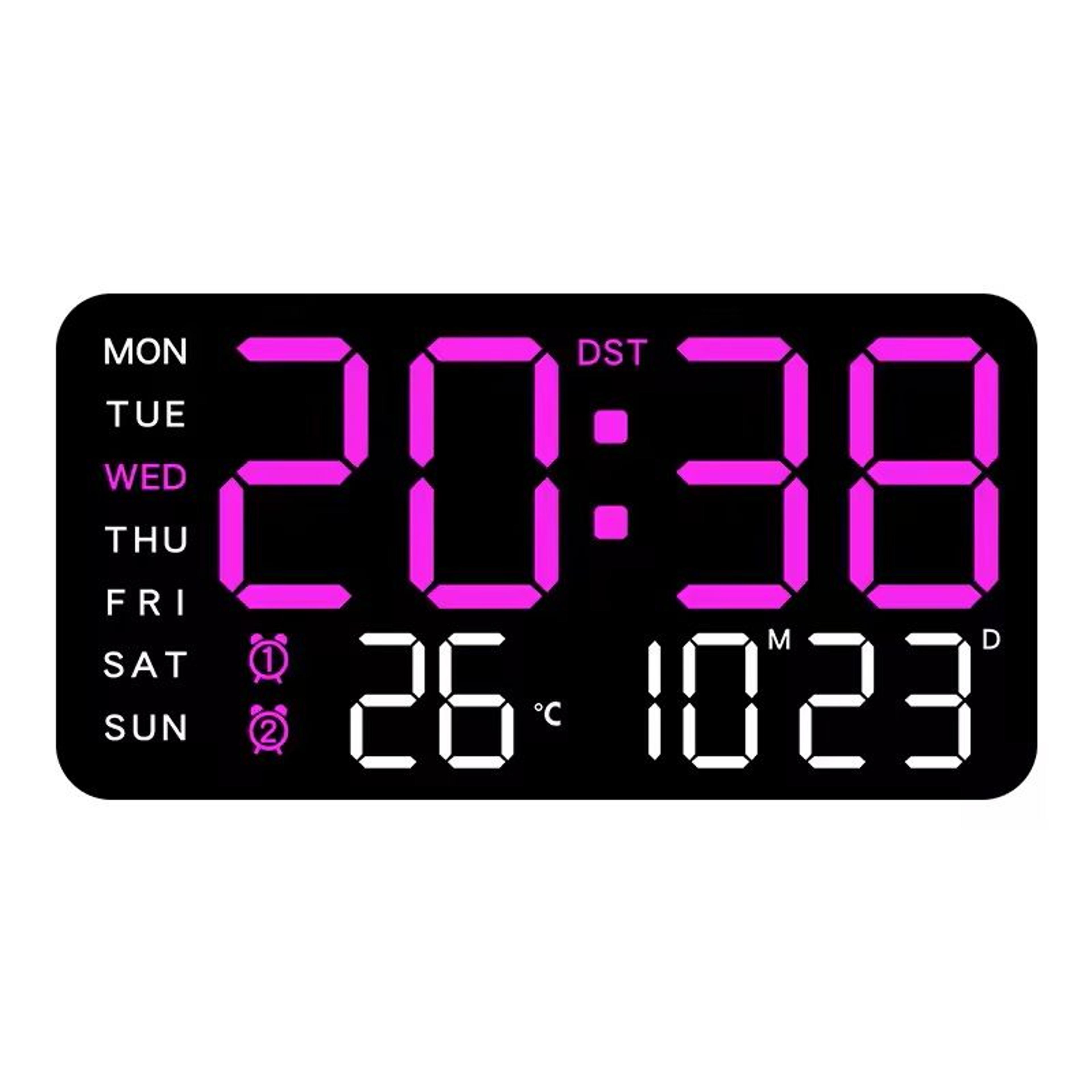 large led digital wall clock – usb powered remote control with temperature, date & week display + dual alarm feature