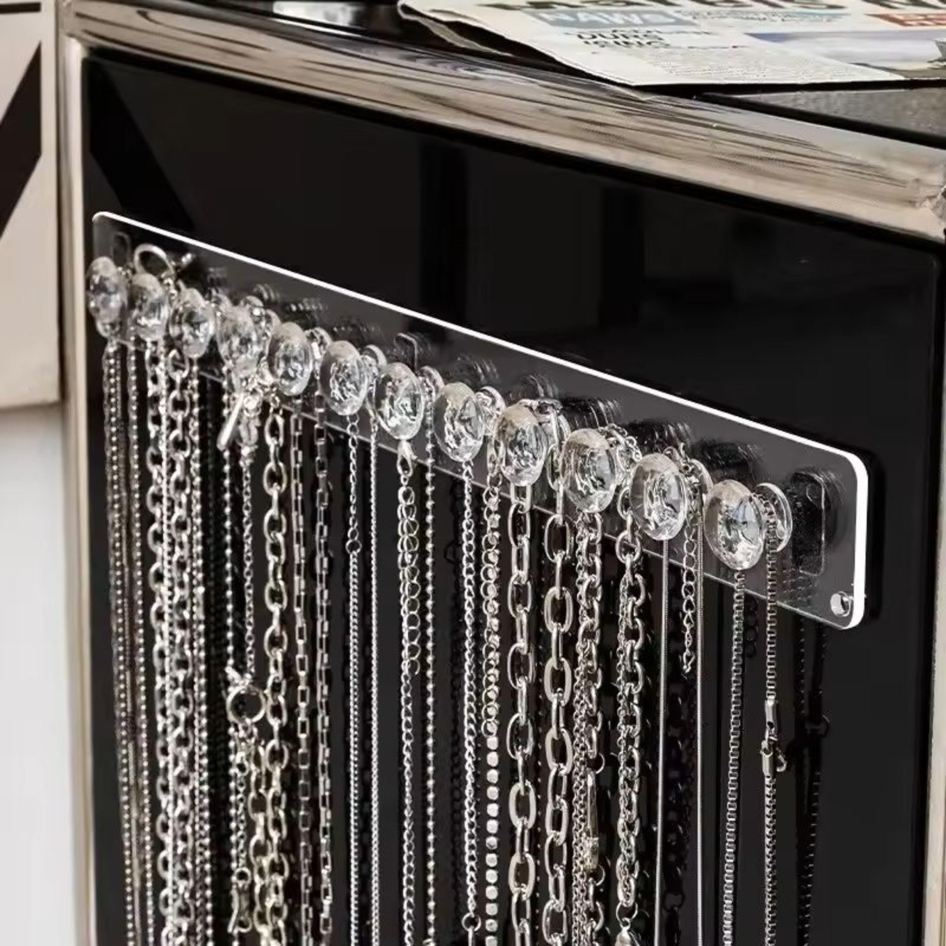 acrylic wall-mounted necklace hanger jewelry organizer for necklaces, bracelets & chains (clear hanging holder)