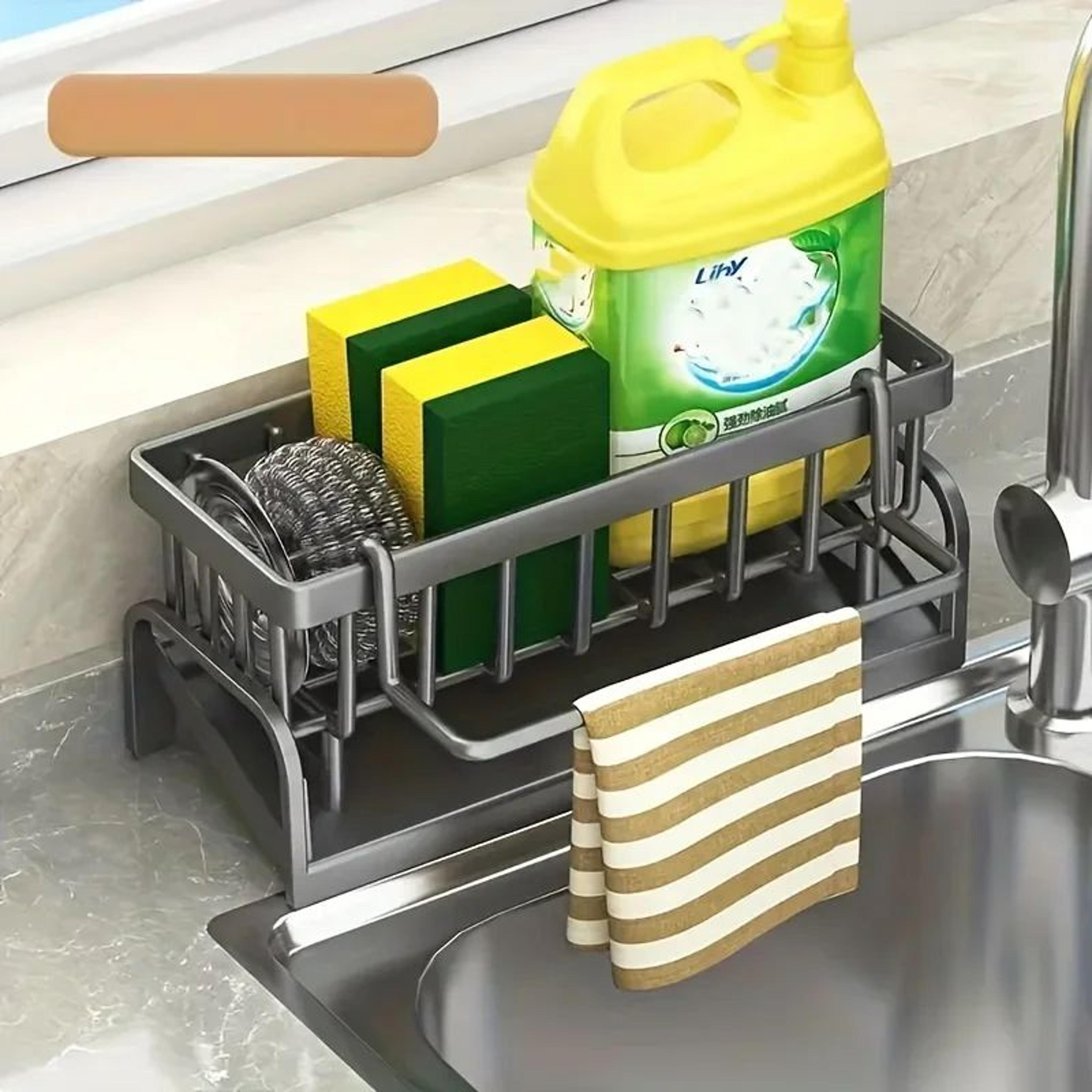kitchen sink sponge holder with auto drain – plastic sink caddy organizer with removable brush holder