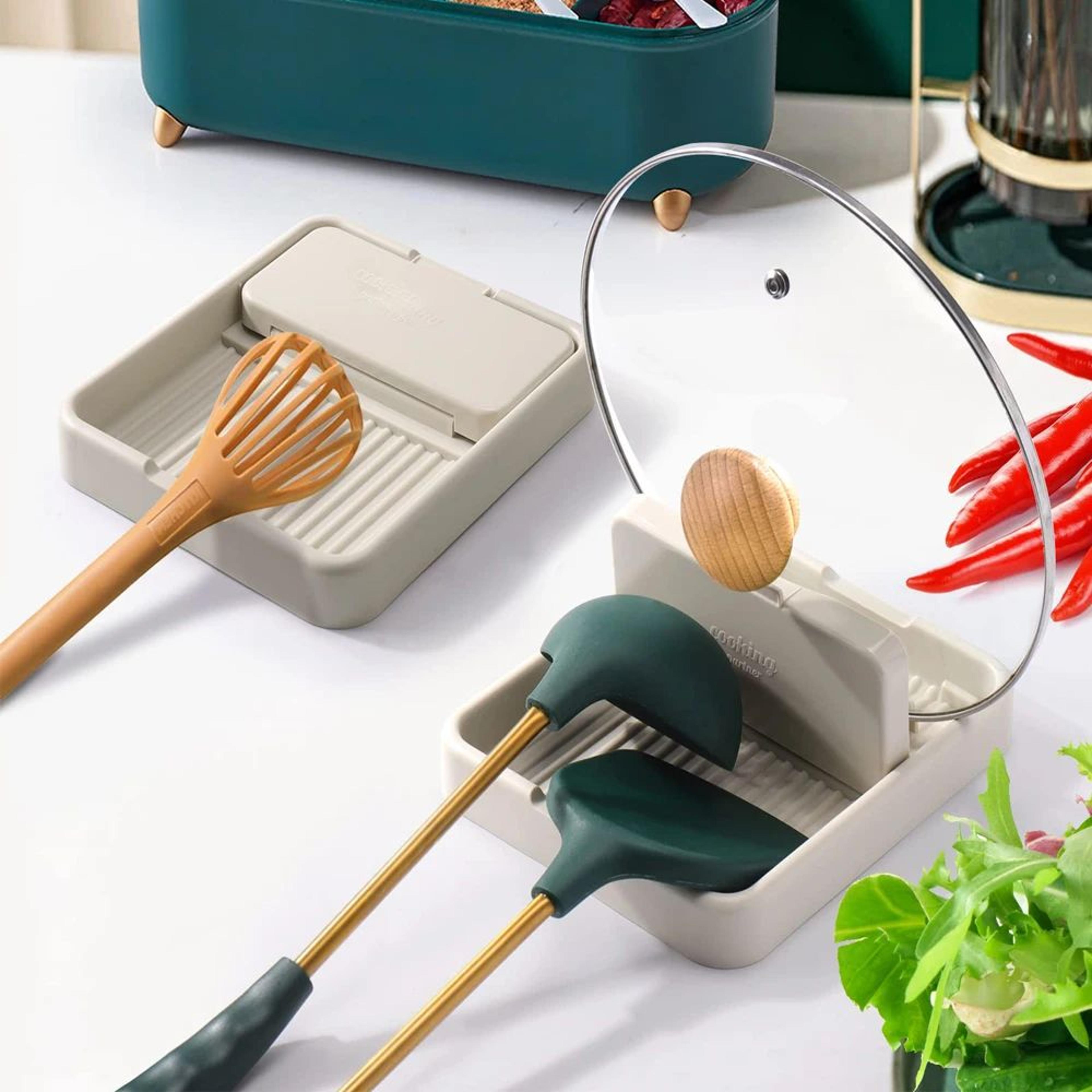 spoon rest with lid holder – heat resistant stove top utensil rest for spatulas, ladles and pot lids
