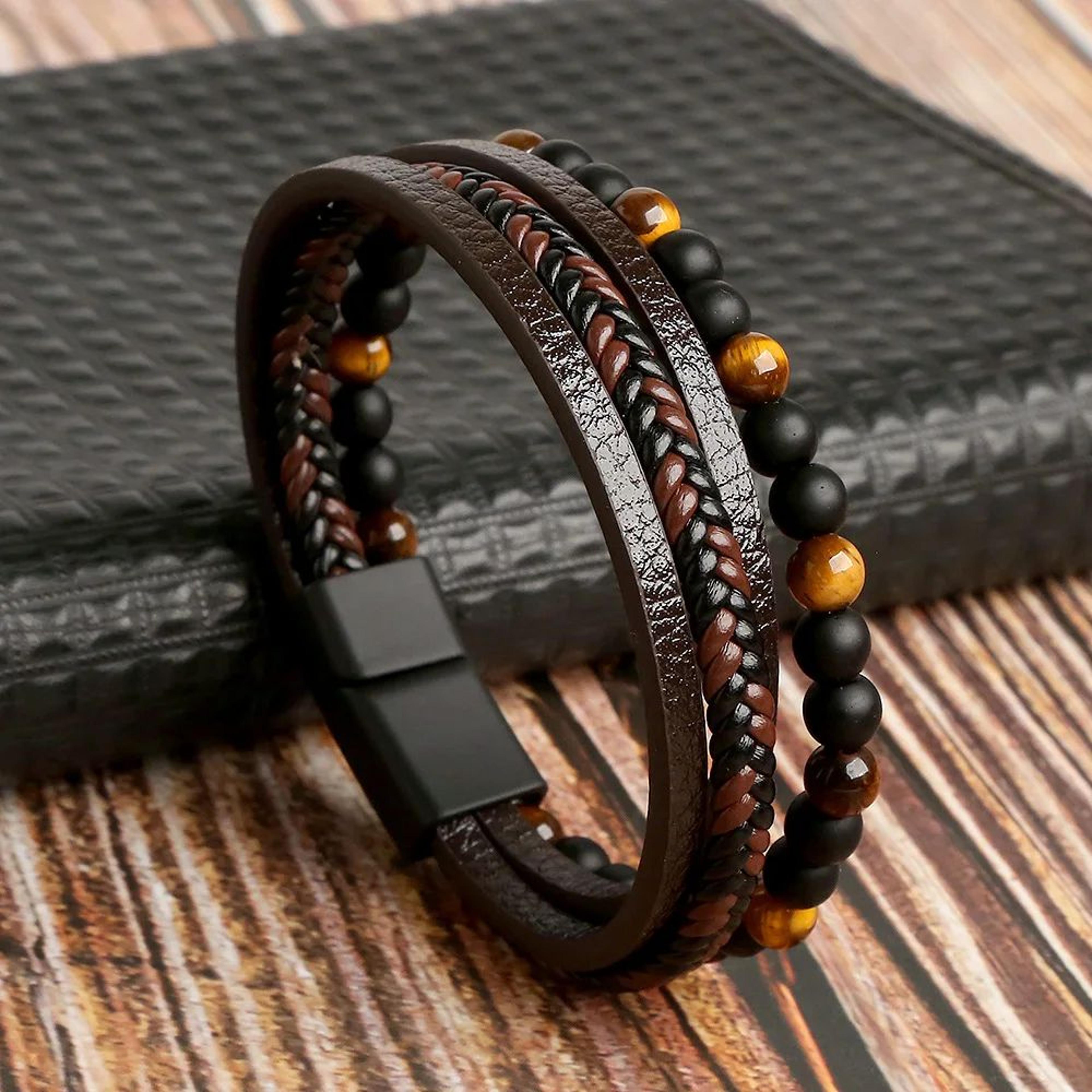 mens tiger eye beaded leather bracelet – multi-layer classic handmade fashion jewelry gift