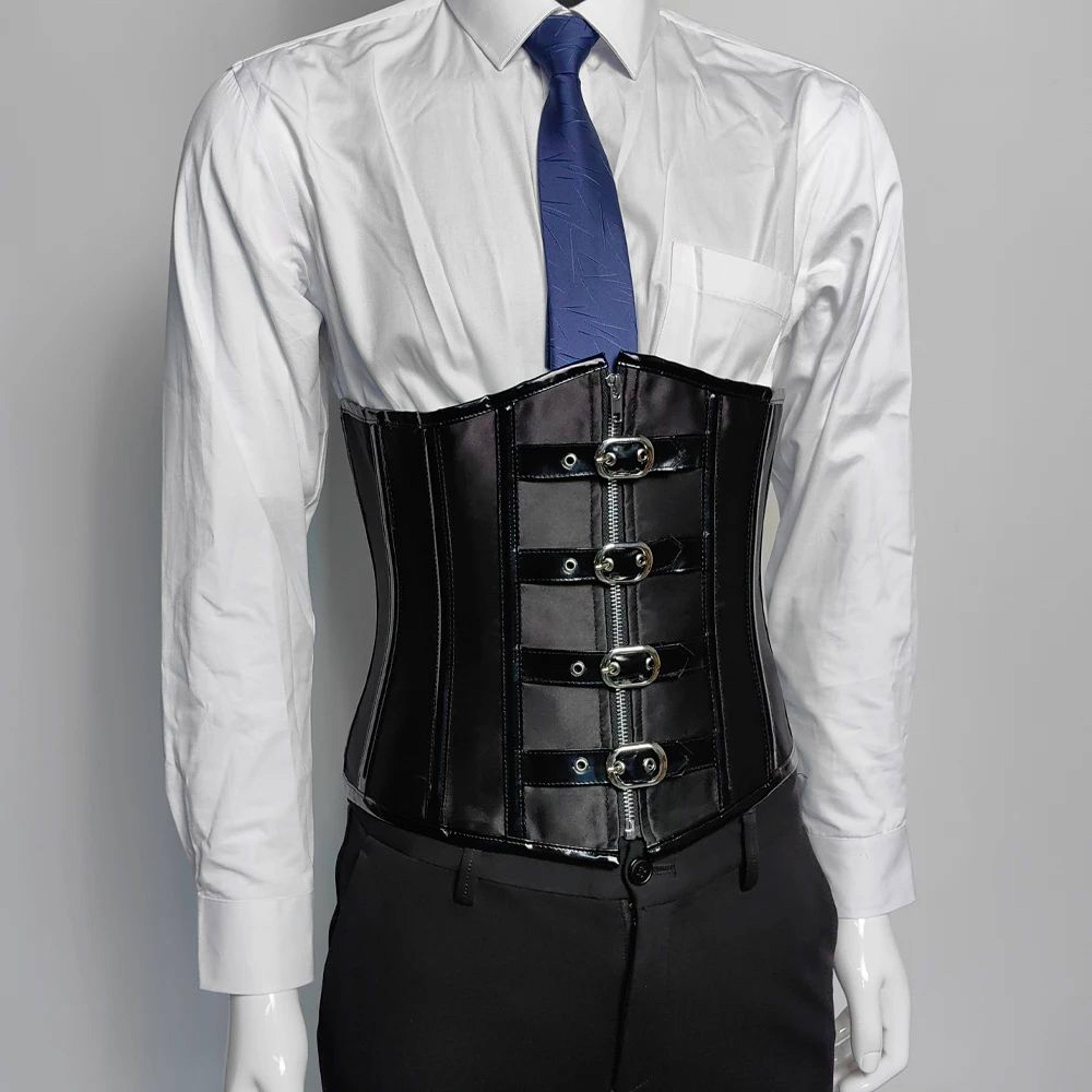 mens waist trainer corset with zipper – steel boned lace-up body shaper | tummy control compression waist slimmer