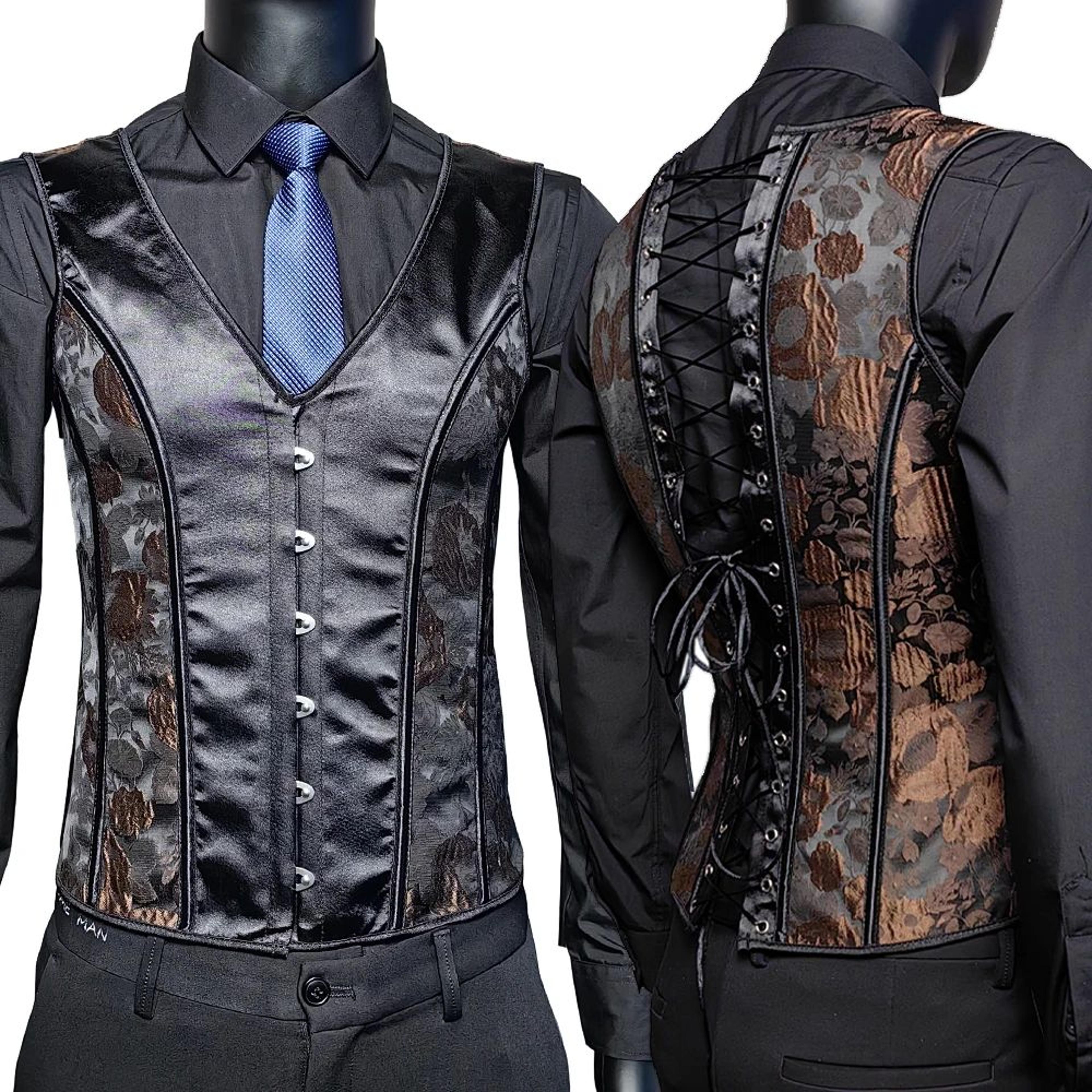 mens vintage corset waistcoat – lace-up boned abdomen shaping vest, tummy control waist girdle for formal & stage wear