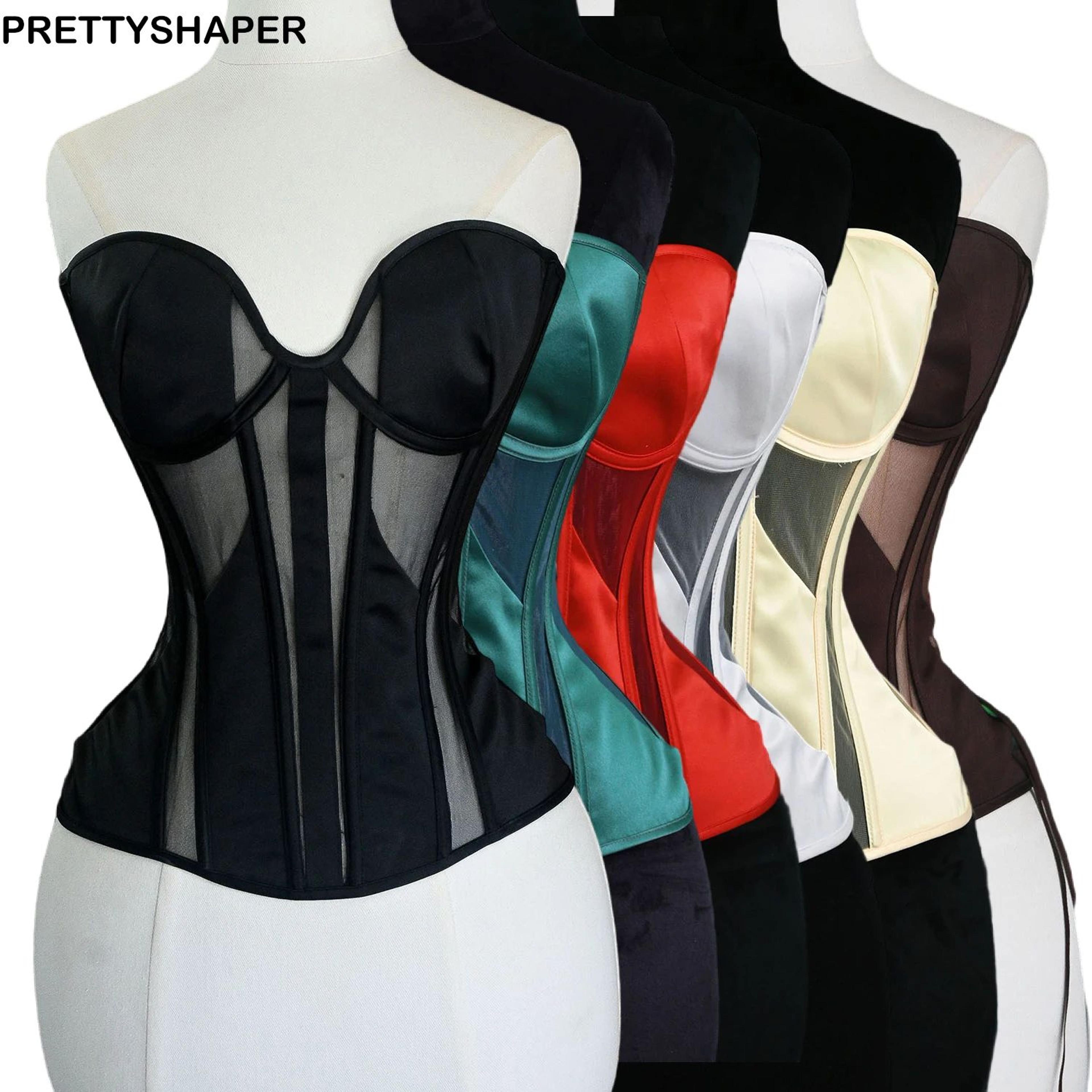 women tight overbust corset bustier – transparent mesh steel boned lace-up shaping top for waist slimming
