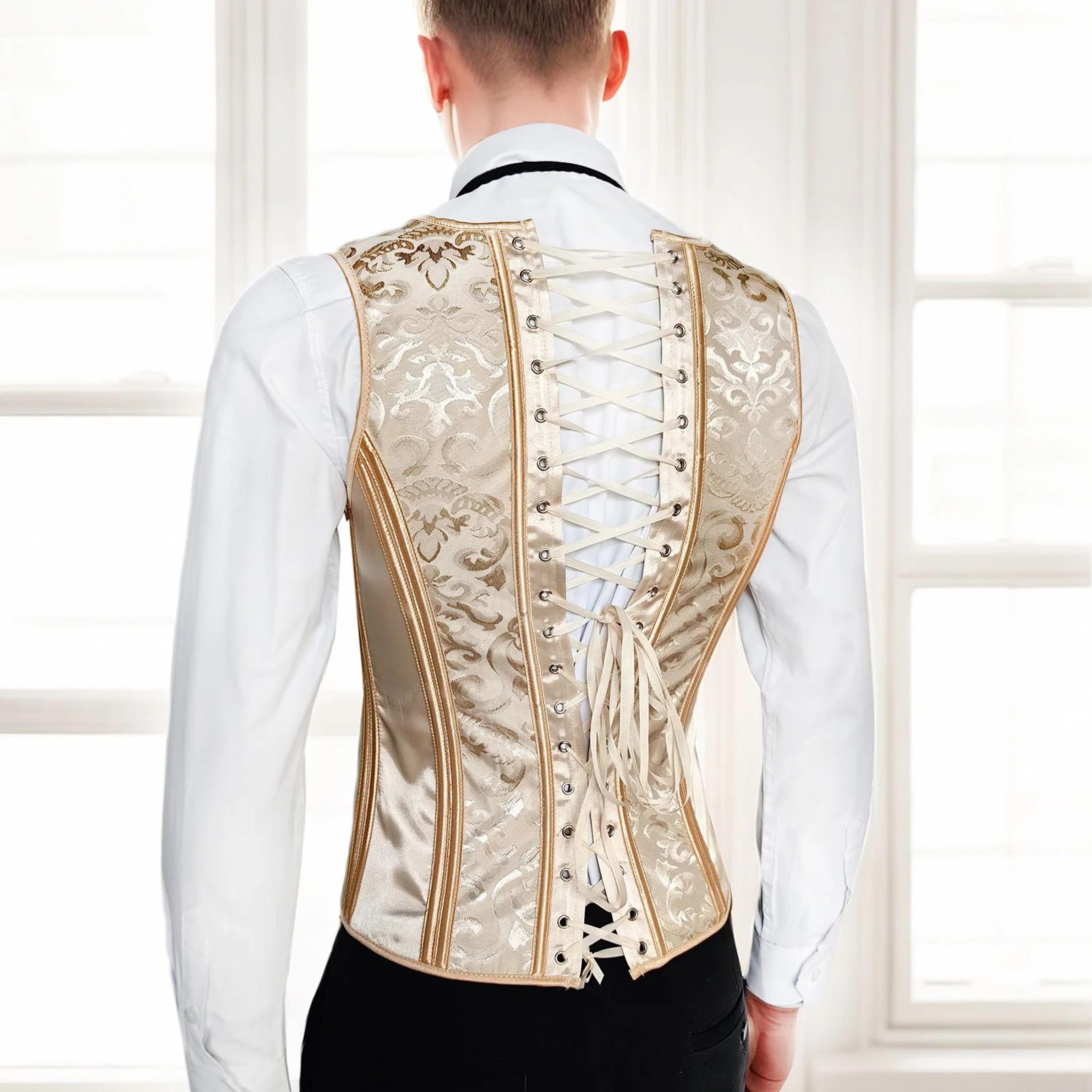 mens corset vest waistcoat – beige floral boned lace-up waist trainer tight formal dress vest for wedding party