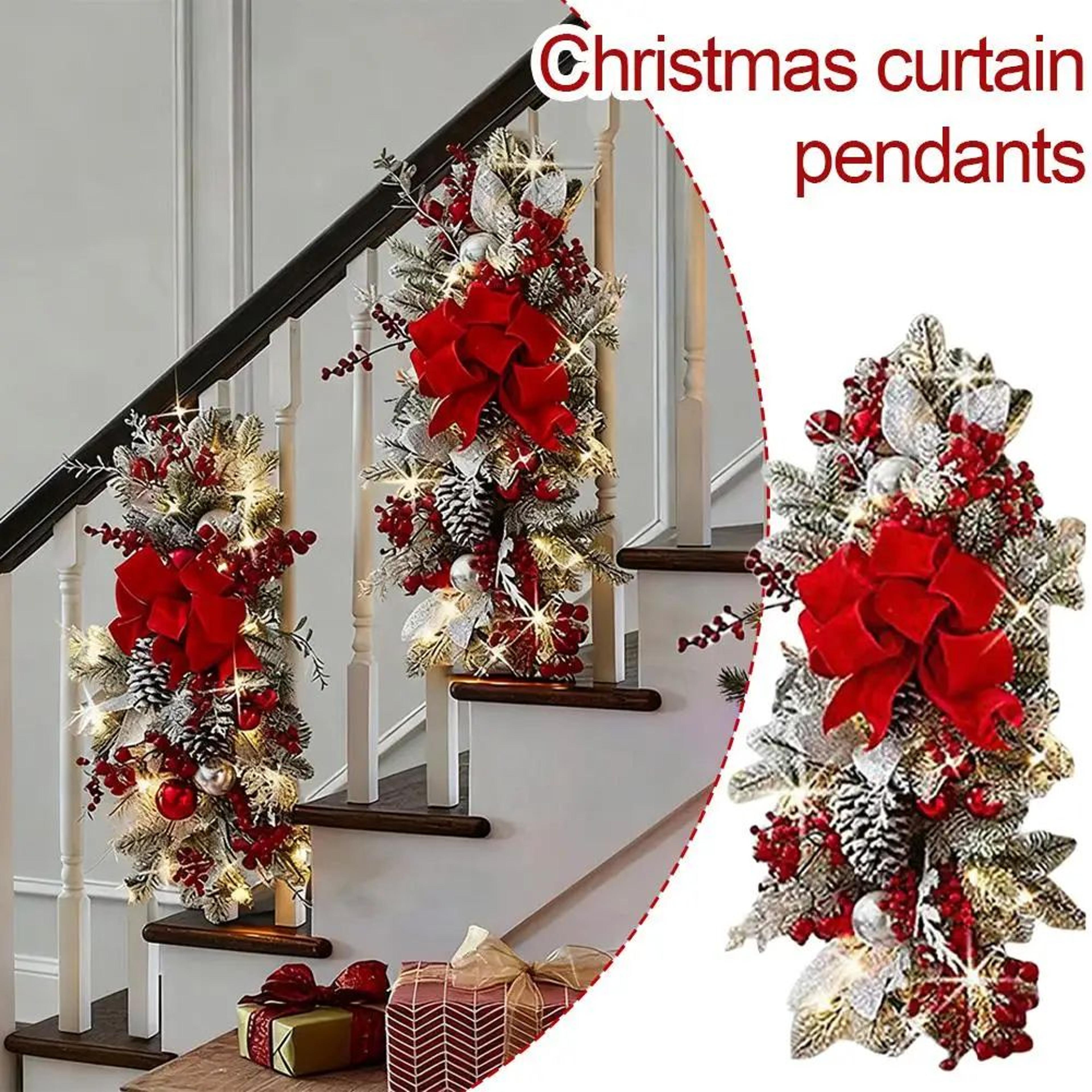 pre lit christmas staircase garland swag with red bows – lighted holiday stairway & door decor greenery