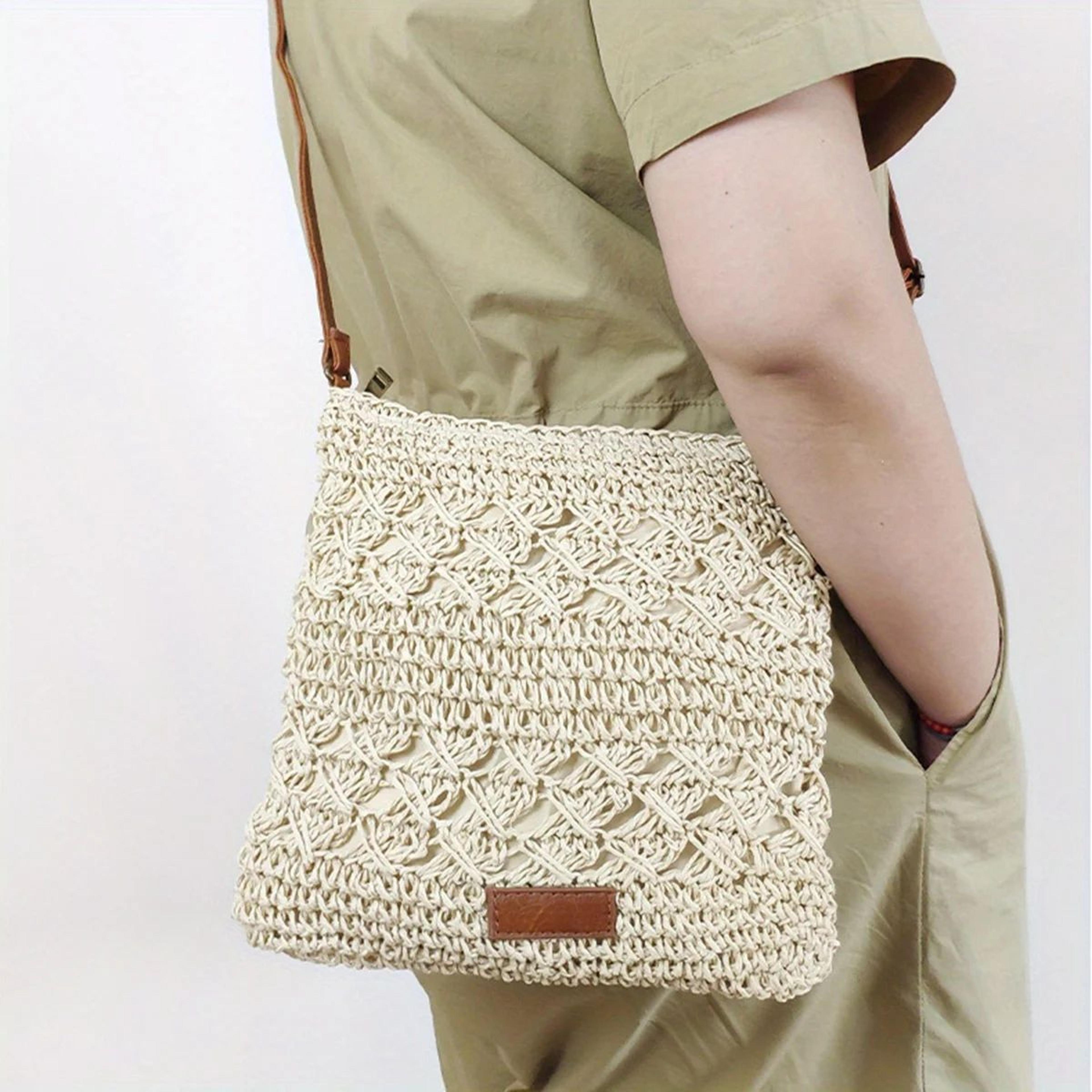 handwoven straw crossbody beach bag – hollow-out summer woven shoulder purse, lightweight vacation tote for women