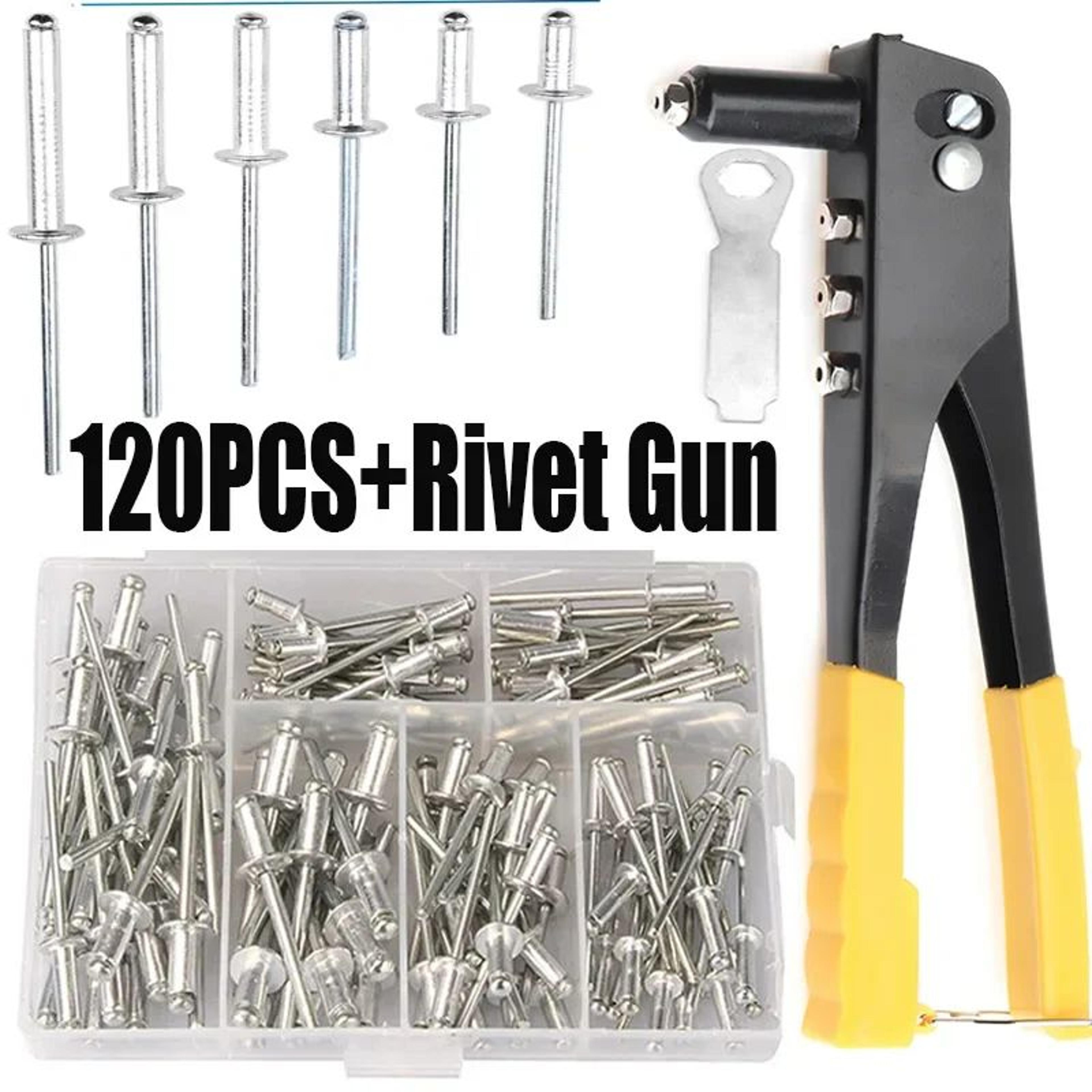 heavy duty pop rivet gun kit - 120 pcs rivets assortment set with hand riveter tool for metal & diy repairs