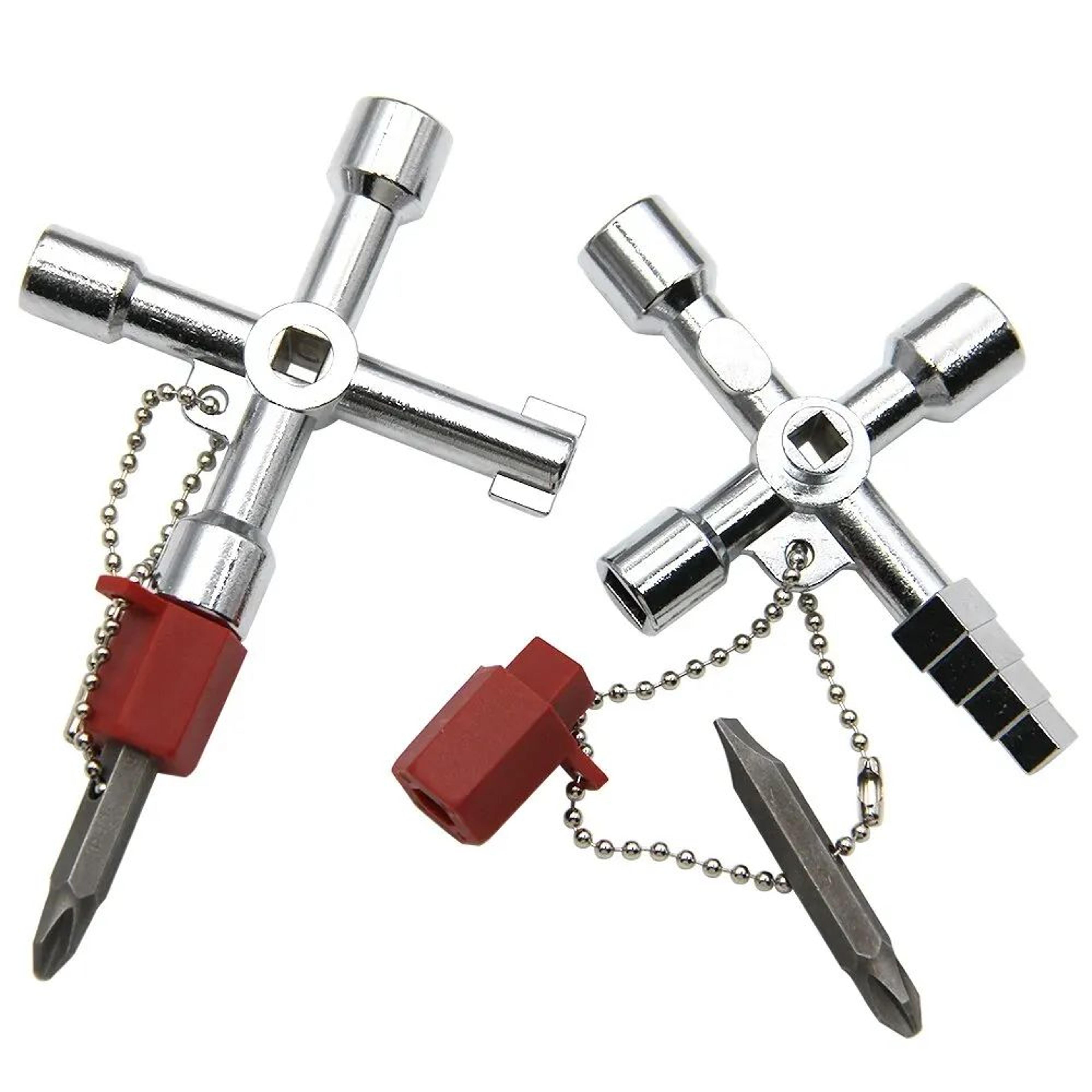 4-in-1 silver key wrench set | triangle & square utility cabinet valve tool + screwdriver for elevator control panels