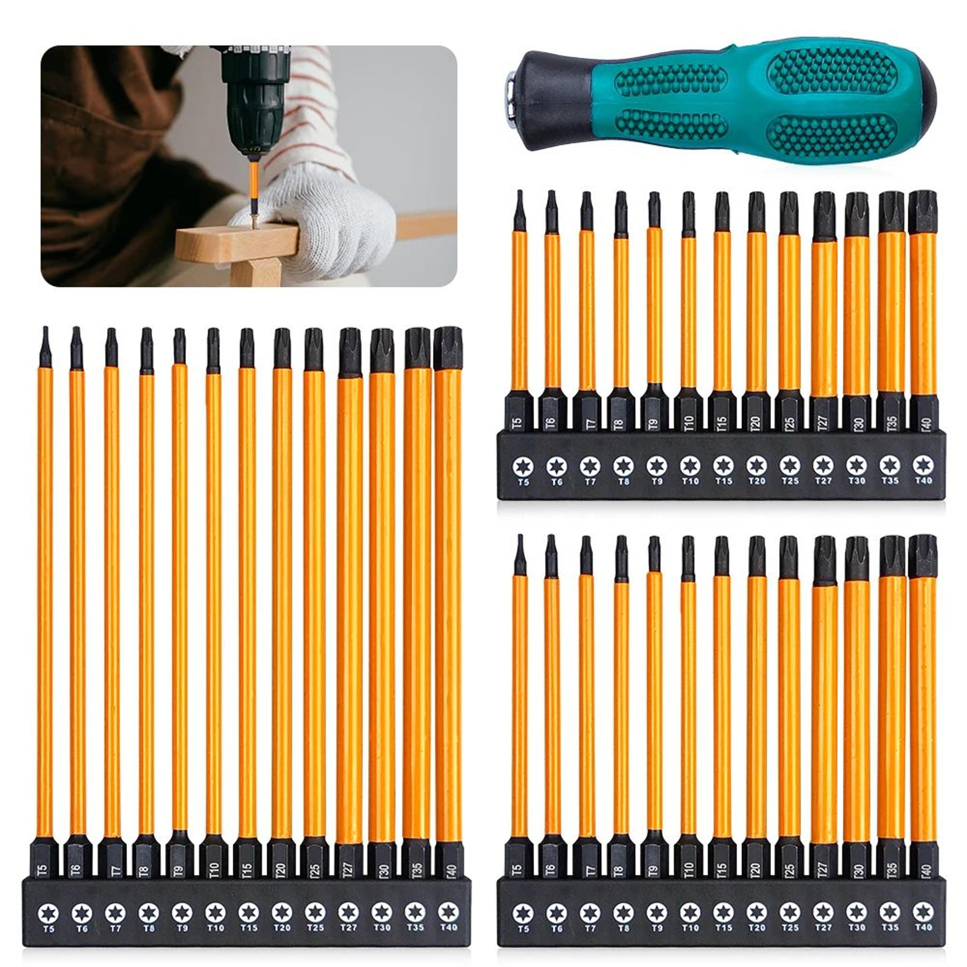 14 pcs impact torx bit set t5–t40 with handle & 2.95/3.94/5.91 inches star bits for automotive, diy & heavy duty repairs