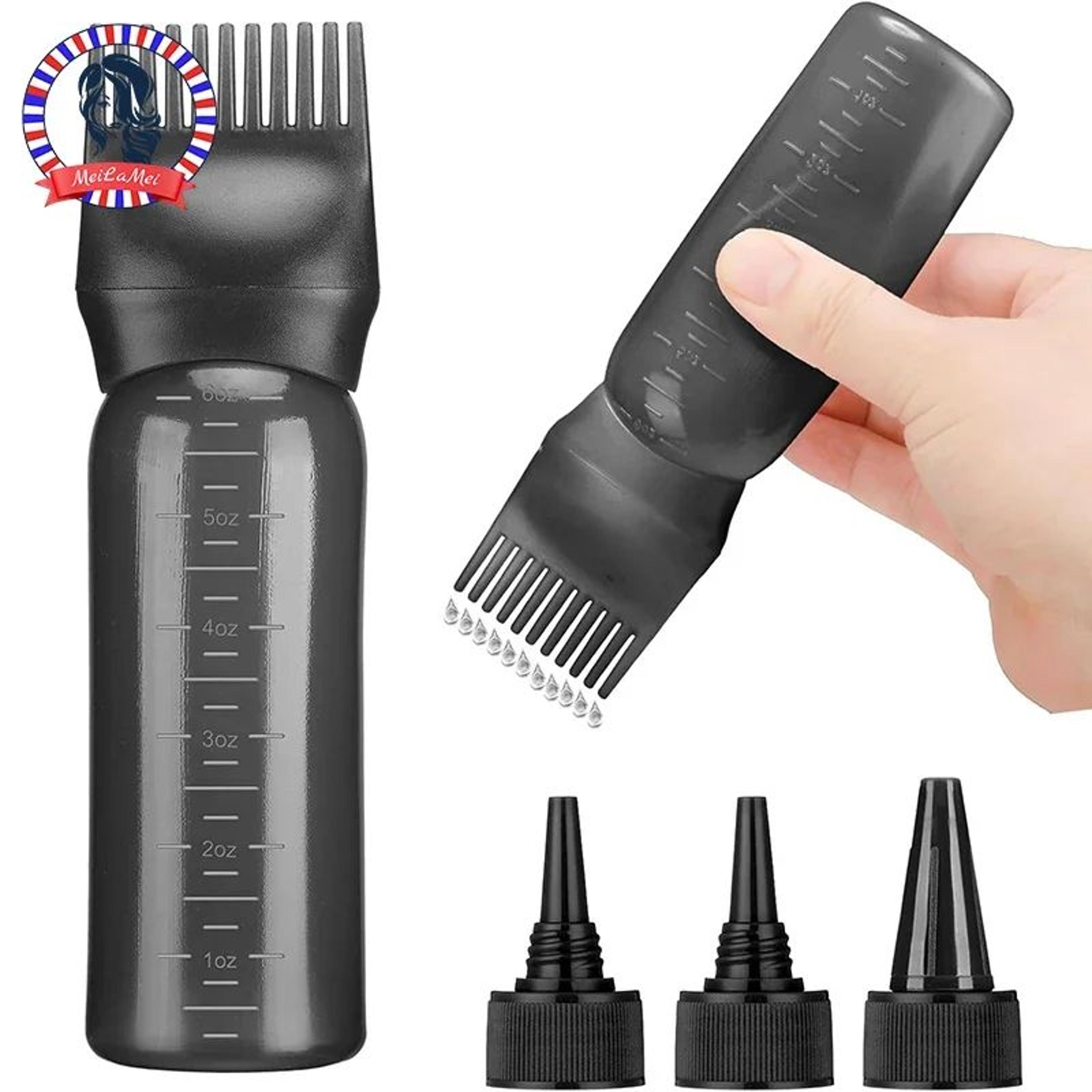 6oz hair oil & dye applicator bottle set with root comb tip + 3 pointed nozzle caps – scalp & roots precision tool