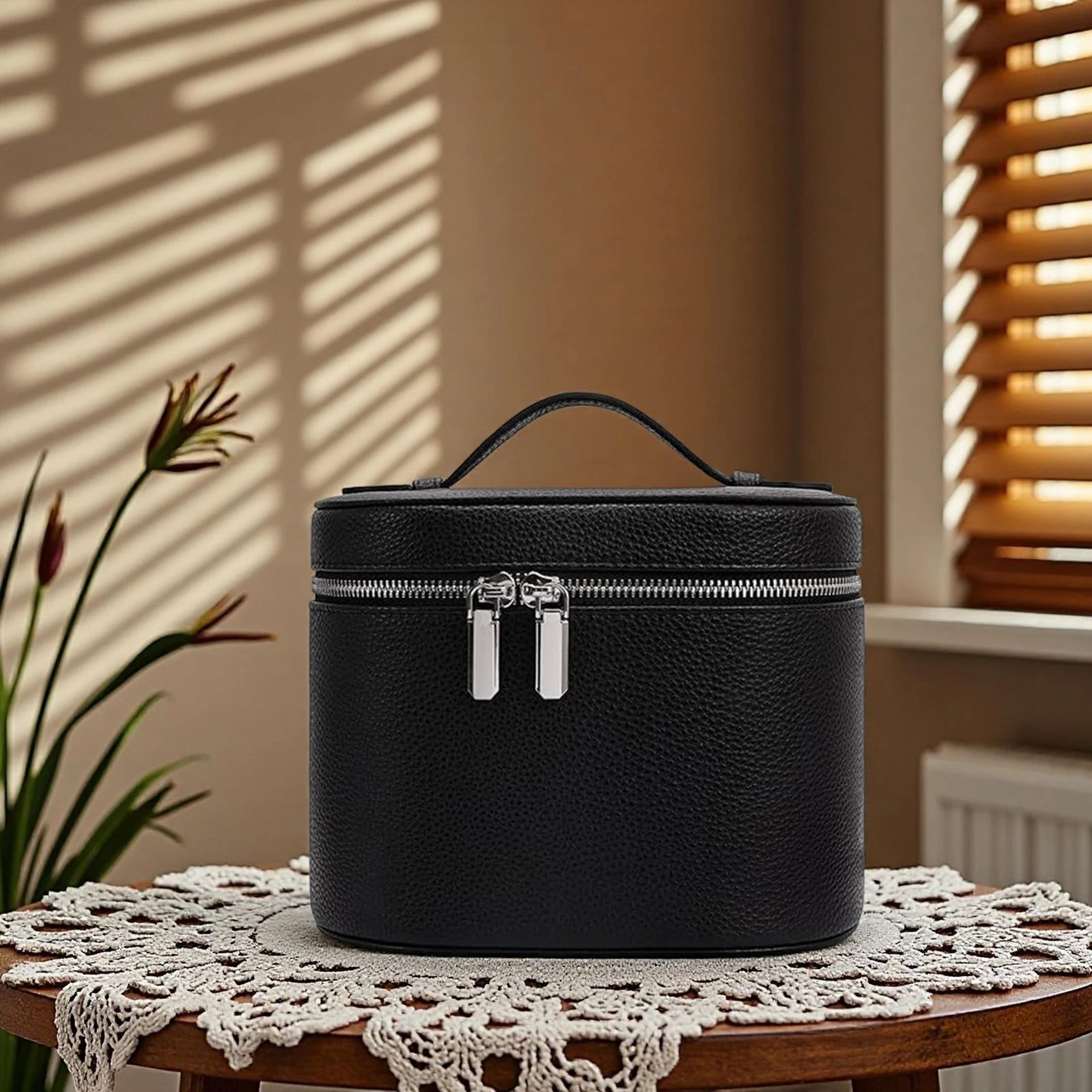 large capacity pu leather makeup bag with detachable handle, travel cosmetic & toiletry organizer case for women