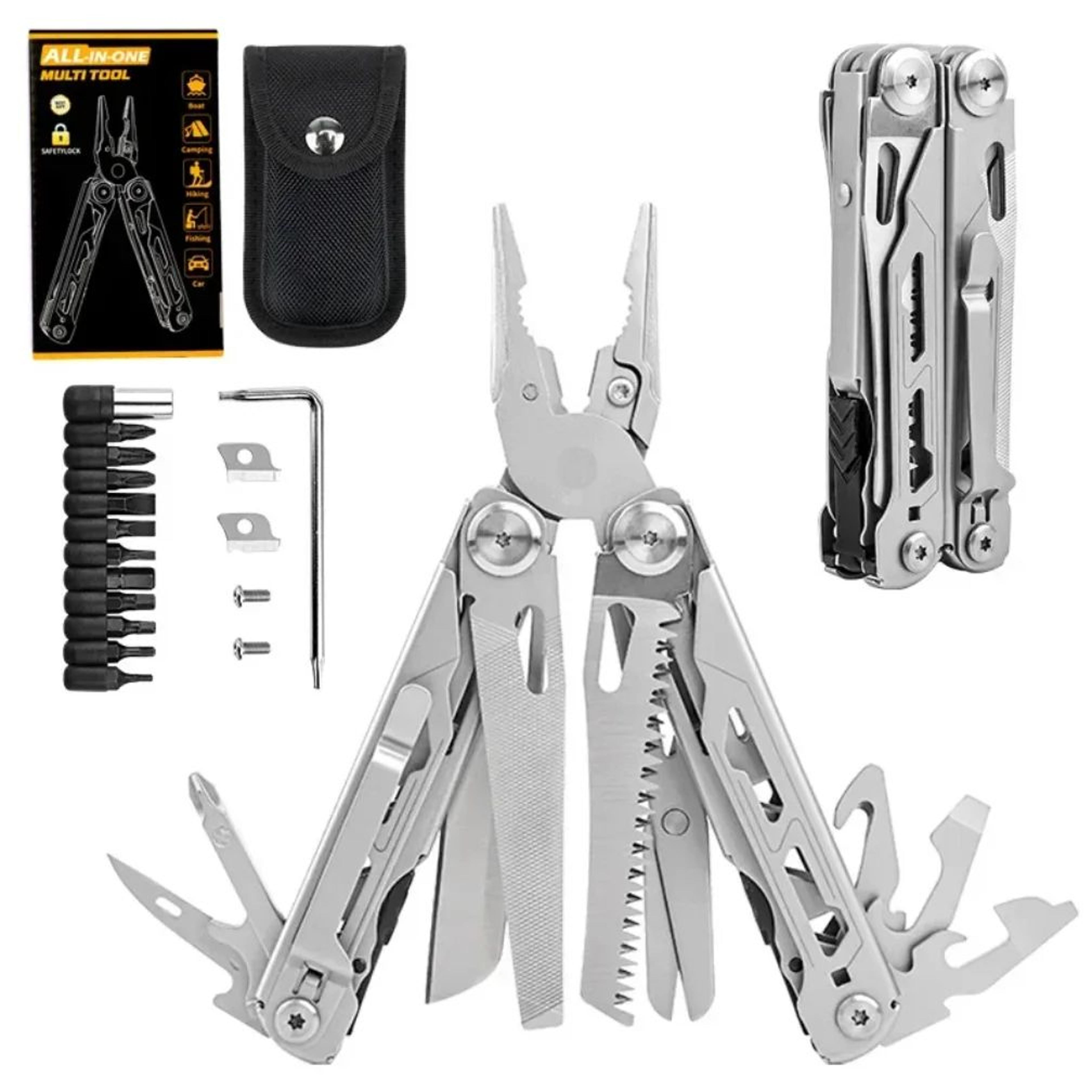 stainless steel folding multi-tool pliers with knife, screwdriver & cutter for camping, hiking, hunting & survival edc