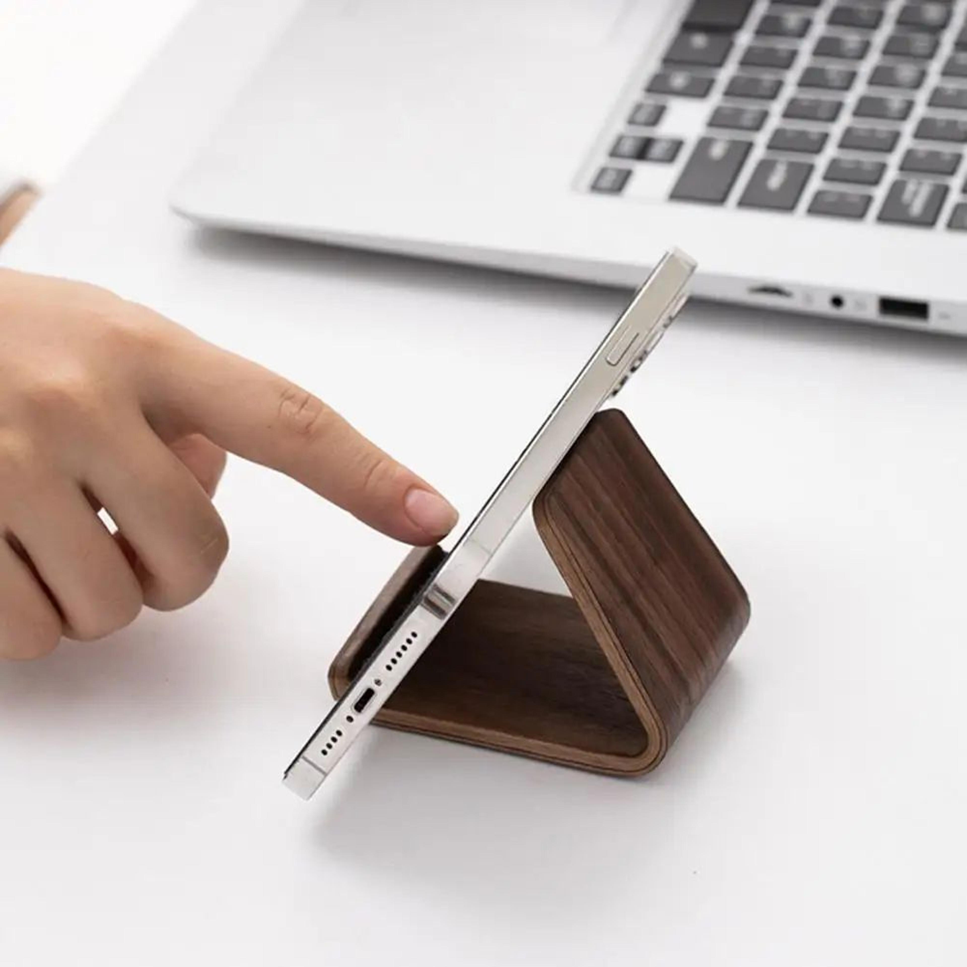 walnut solid wood phone stand holder for desk, portable desktop mobile stand for home office travel, stylish support