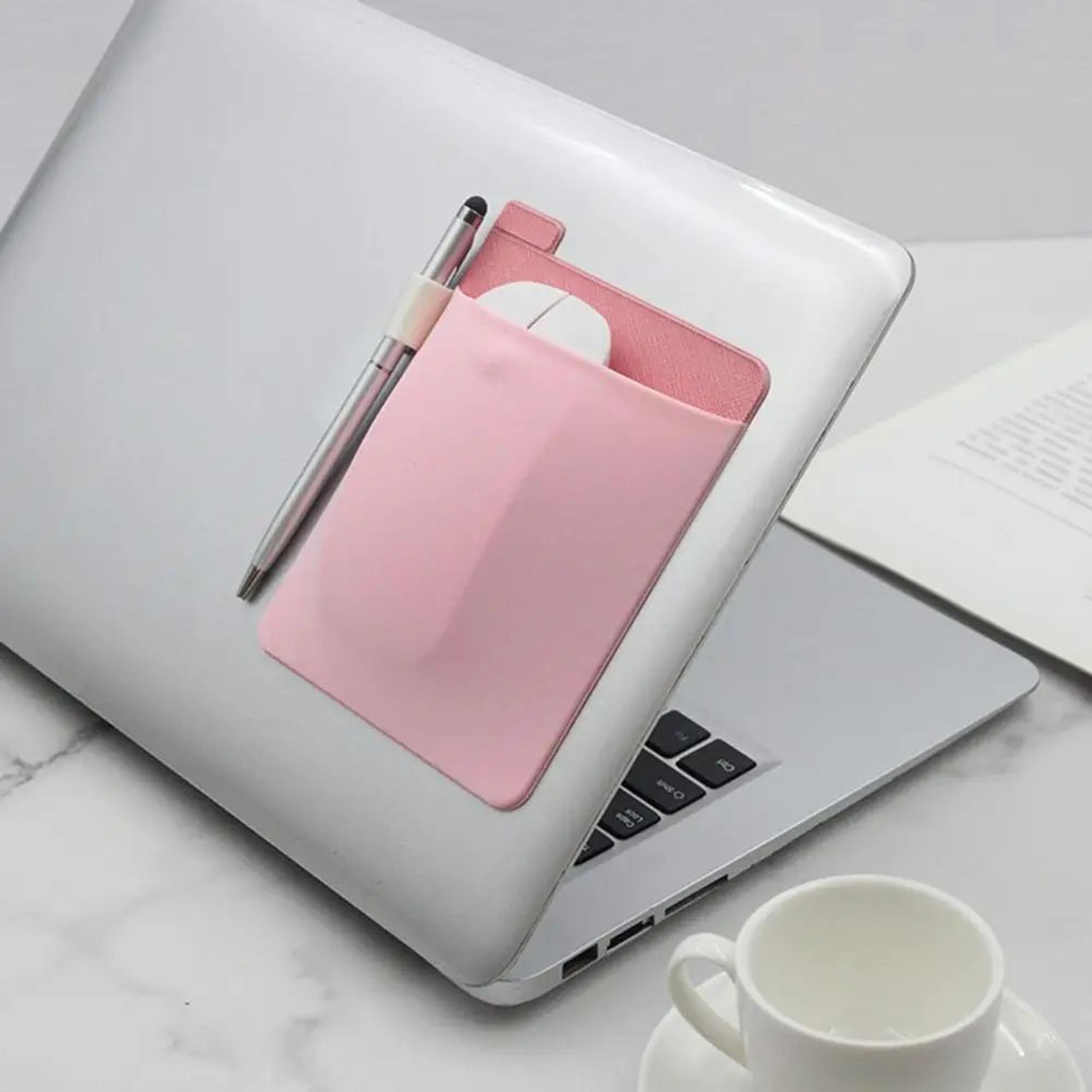 adhesive laptop back storage pouch, slim cable organizer bag for tablet accessories, mouse, charger, pens & power bank