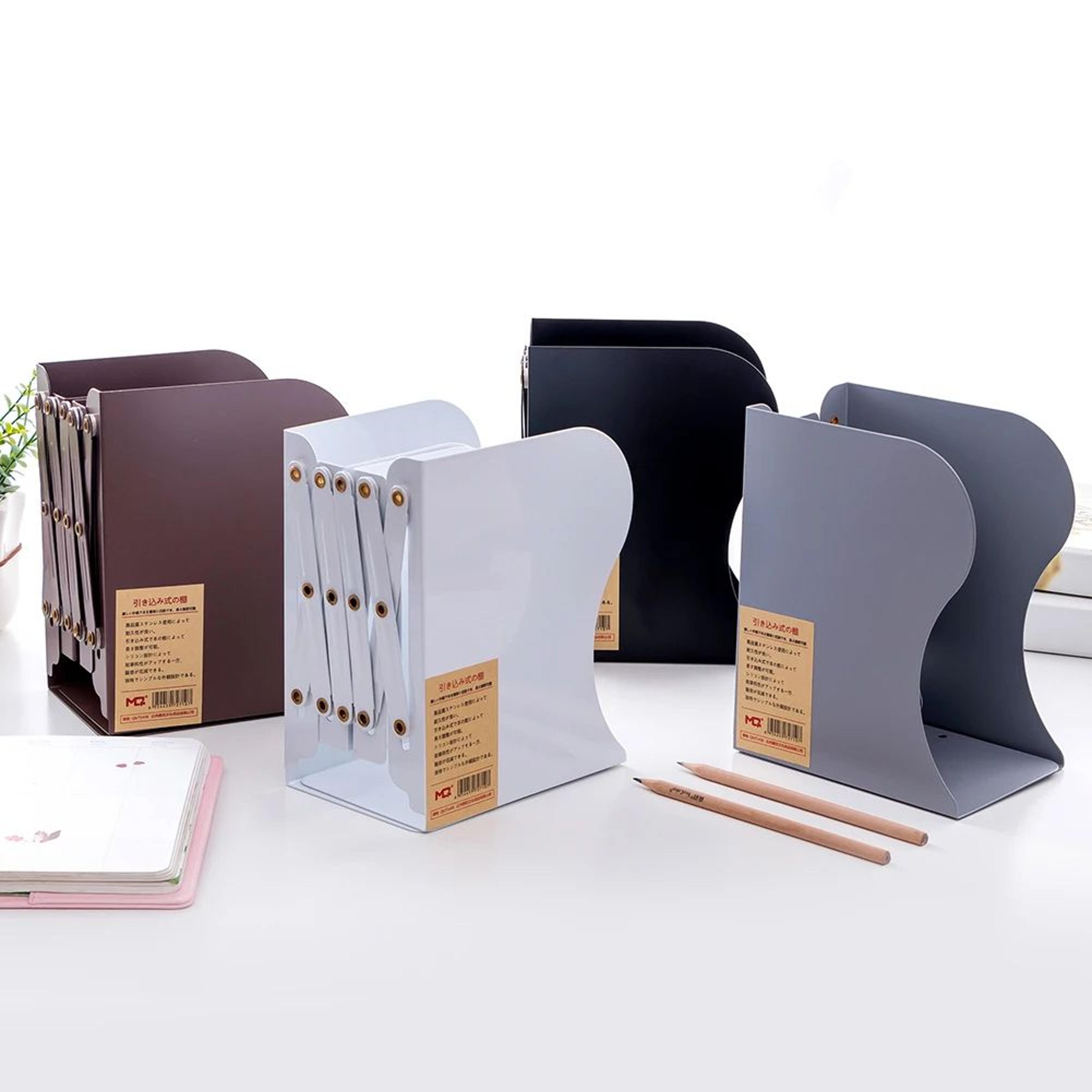 retractable foldable iron bookends for desk & shelf, adjustable book support standrack, heavy-duty desktop organizer