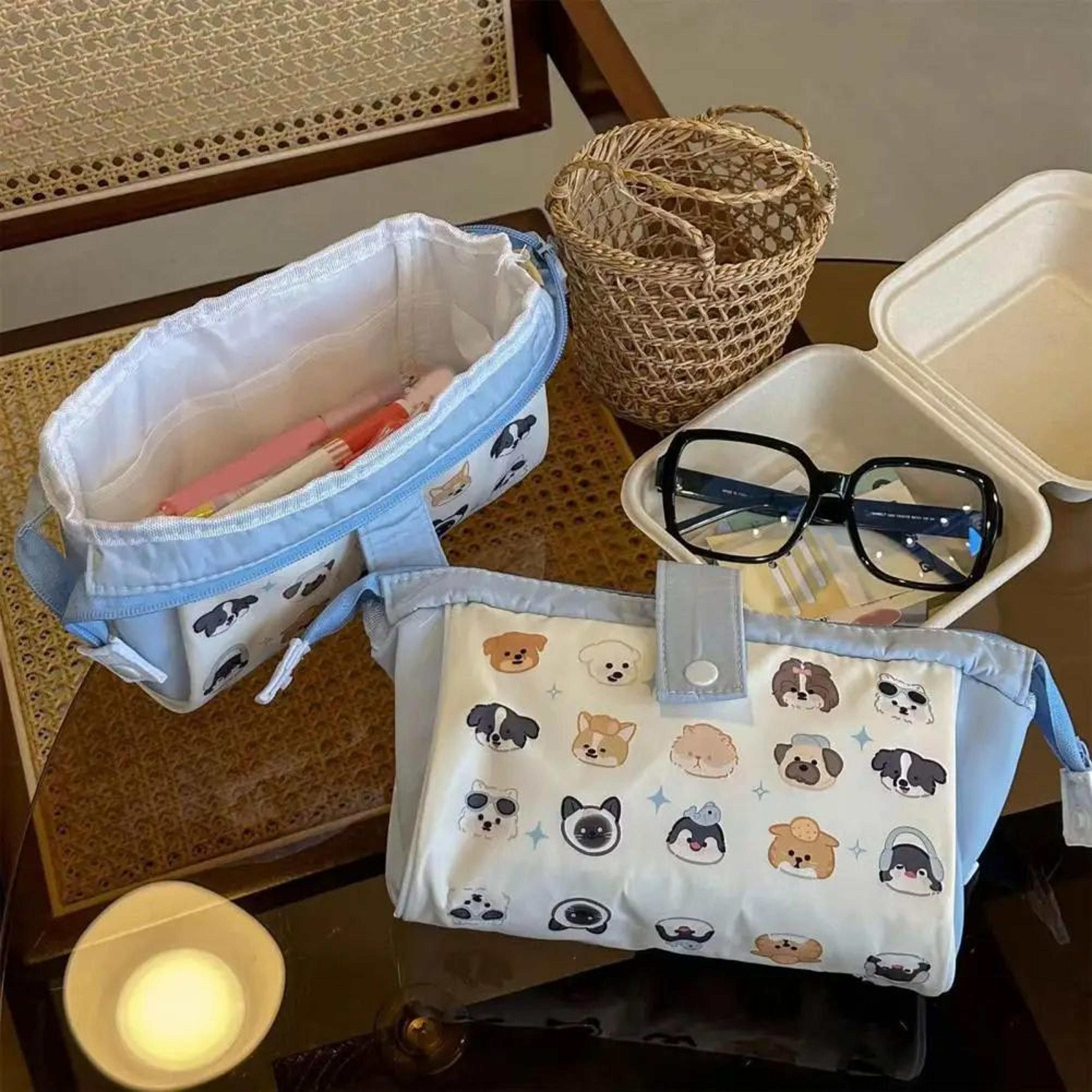 durable canvas stationery pouch pencil case, large capacity cute print zipper bag, portable school supplies organizer