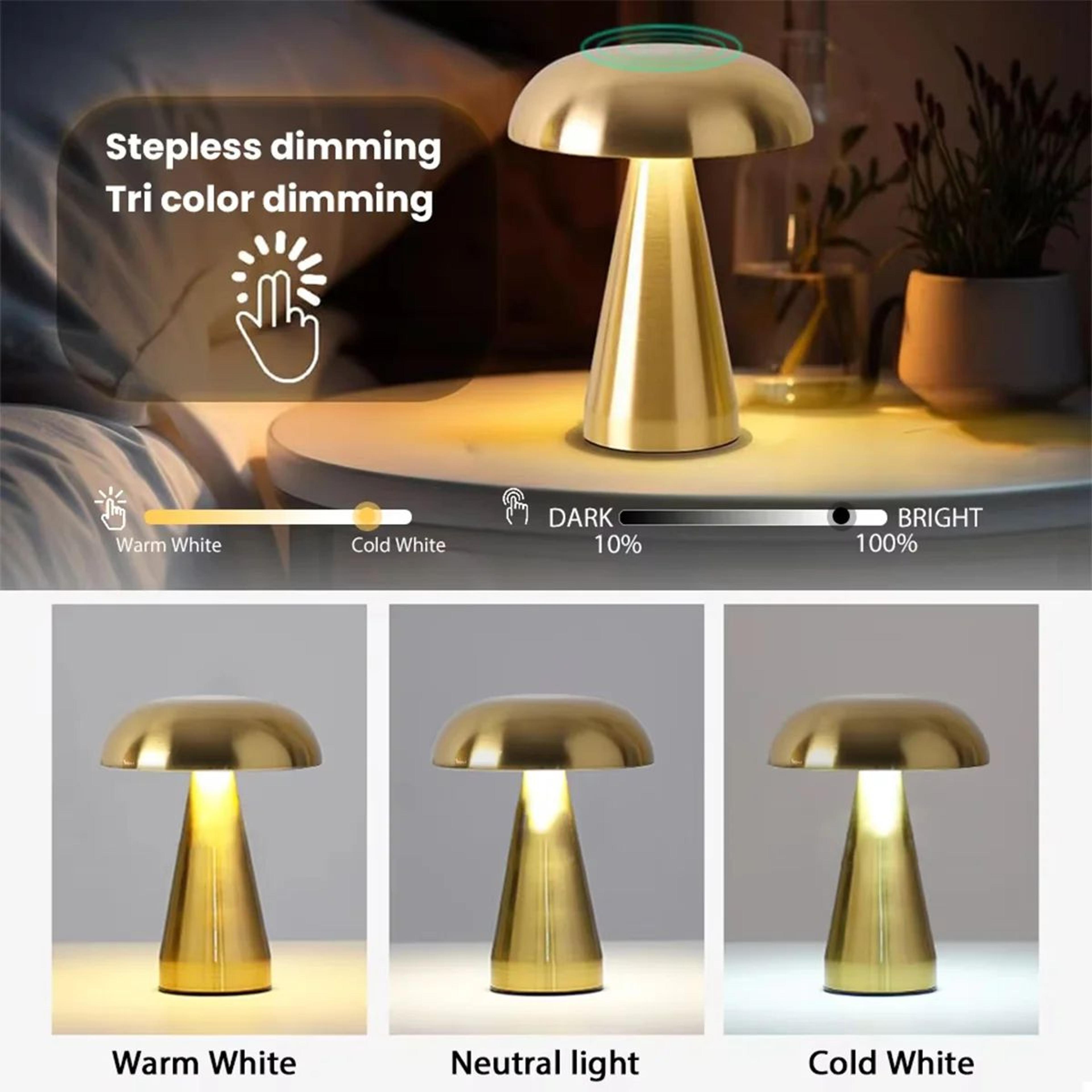 gold mushroom table lamp usb rechargeable, portable led nightstand desk light for bedroom home decor warm ambient glow