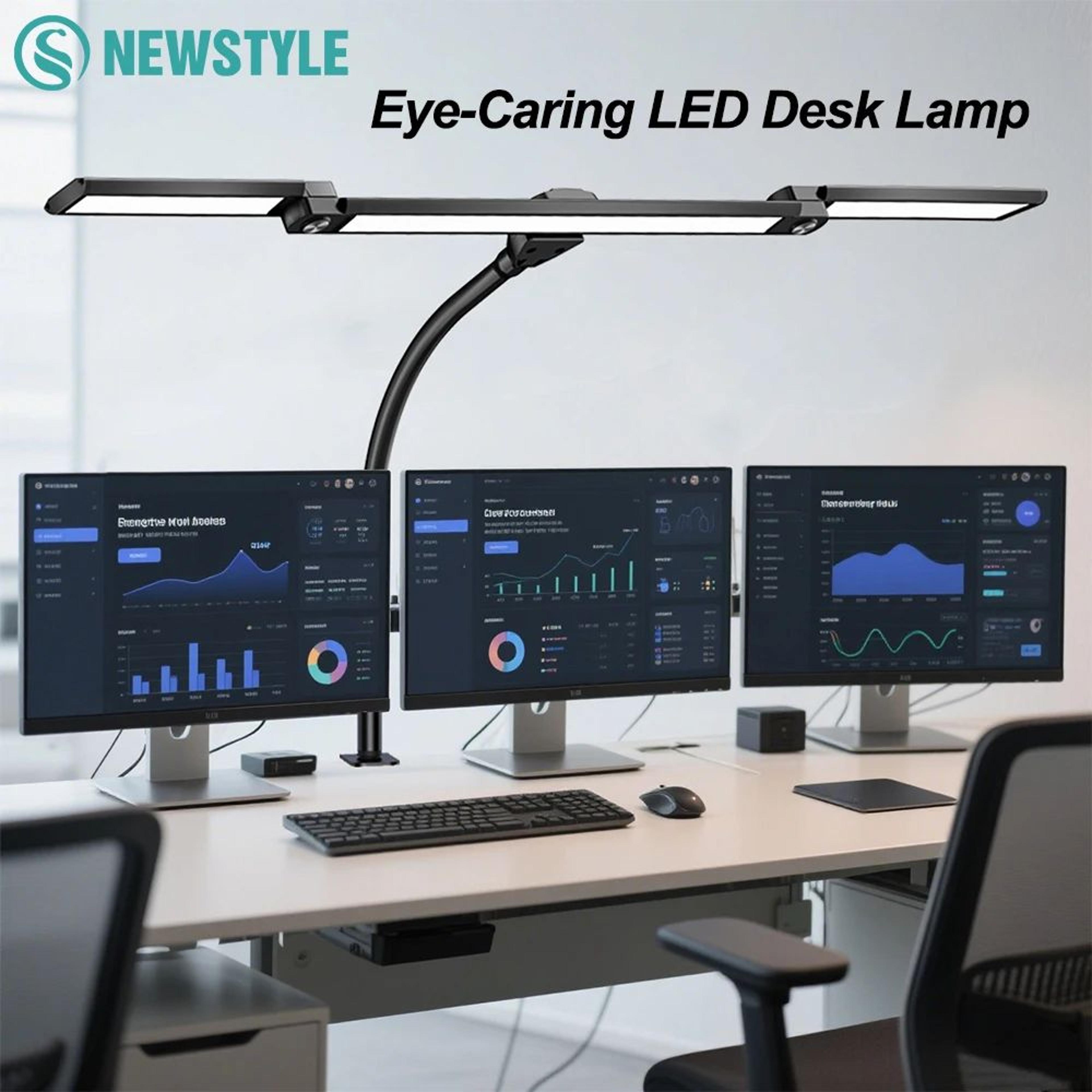 3-head 16w led desk lamp, eye-caring architect task light, 5 color modes 10-level dimming monitor office lamp