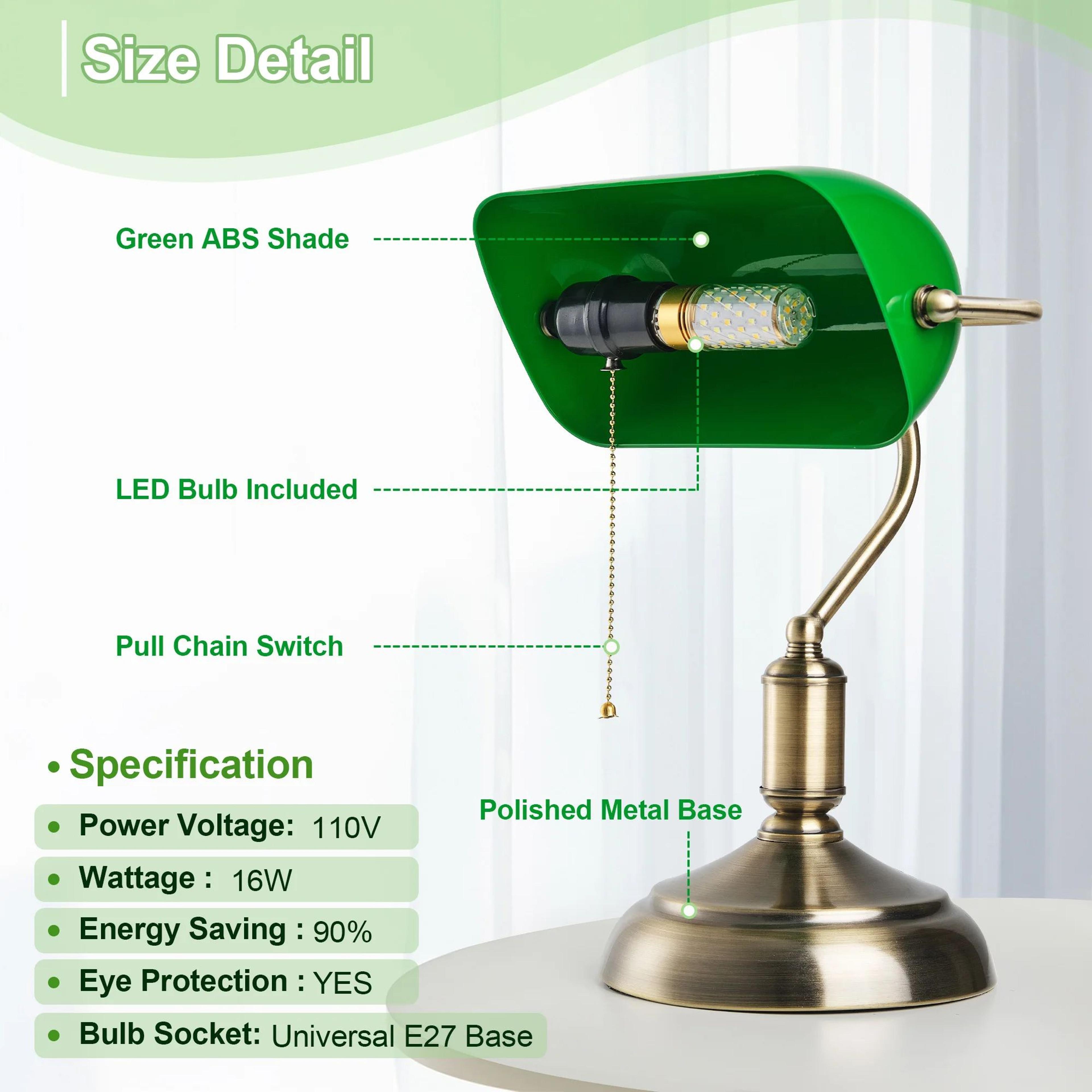classic green bankers desk lamp, led reading table light with acrylic shade, vintage study lamp for home office decor