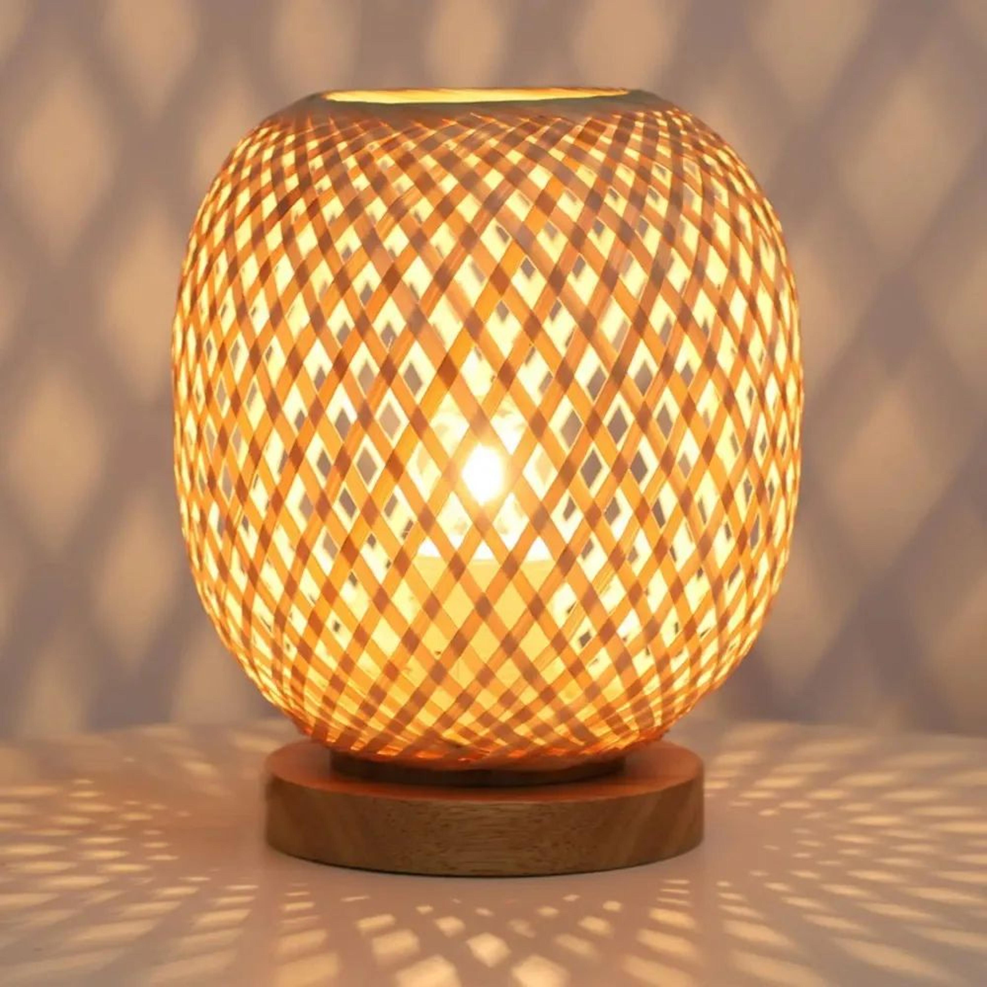 bohemian handwoven bamboo table lamp, vintage rattan desktop light for study teahouse bedside natural decor