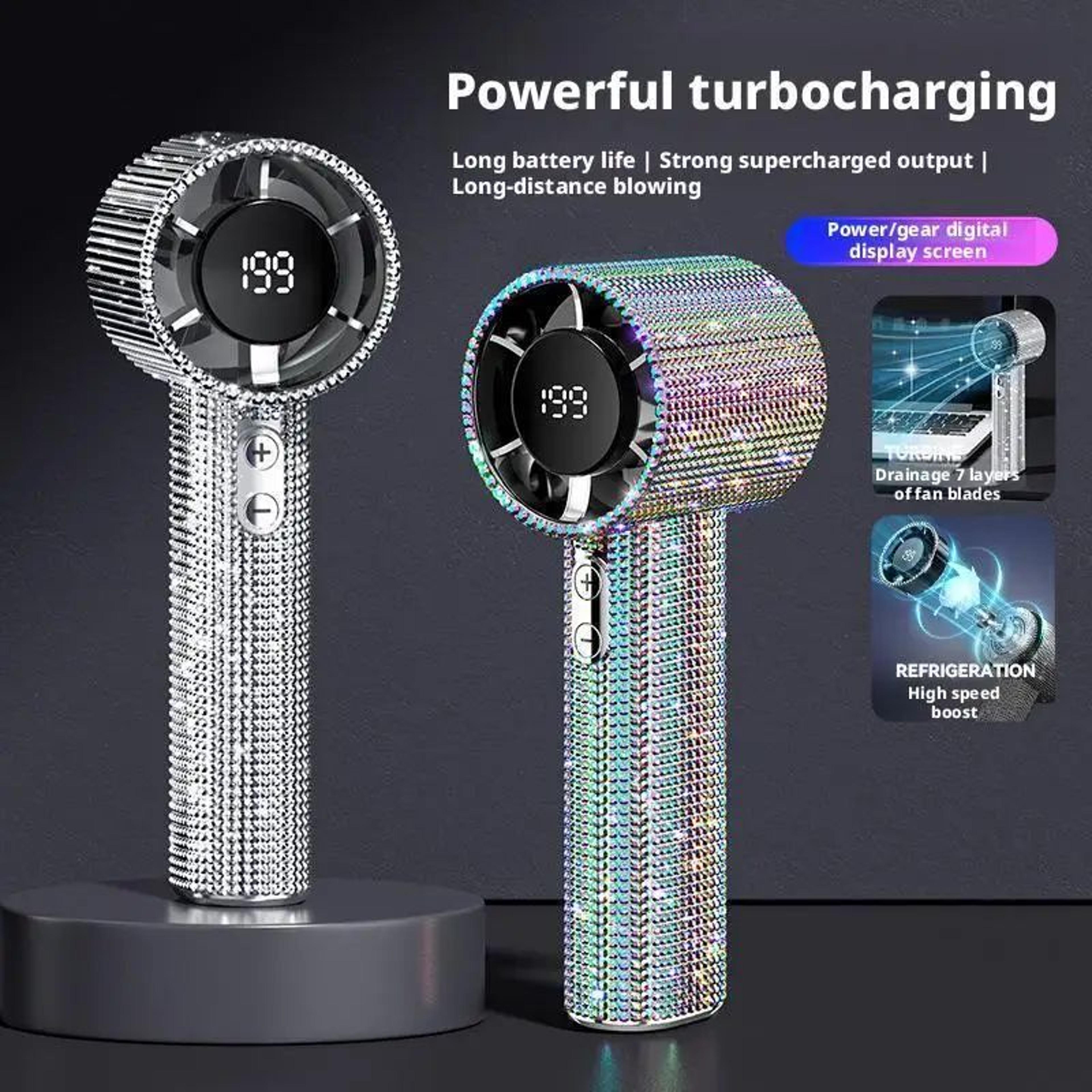 diamond-studded portable mini handheld fan w/ digital display – silent high-speed motor, rechargeable summer cooler