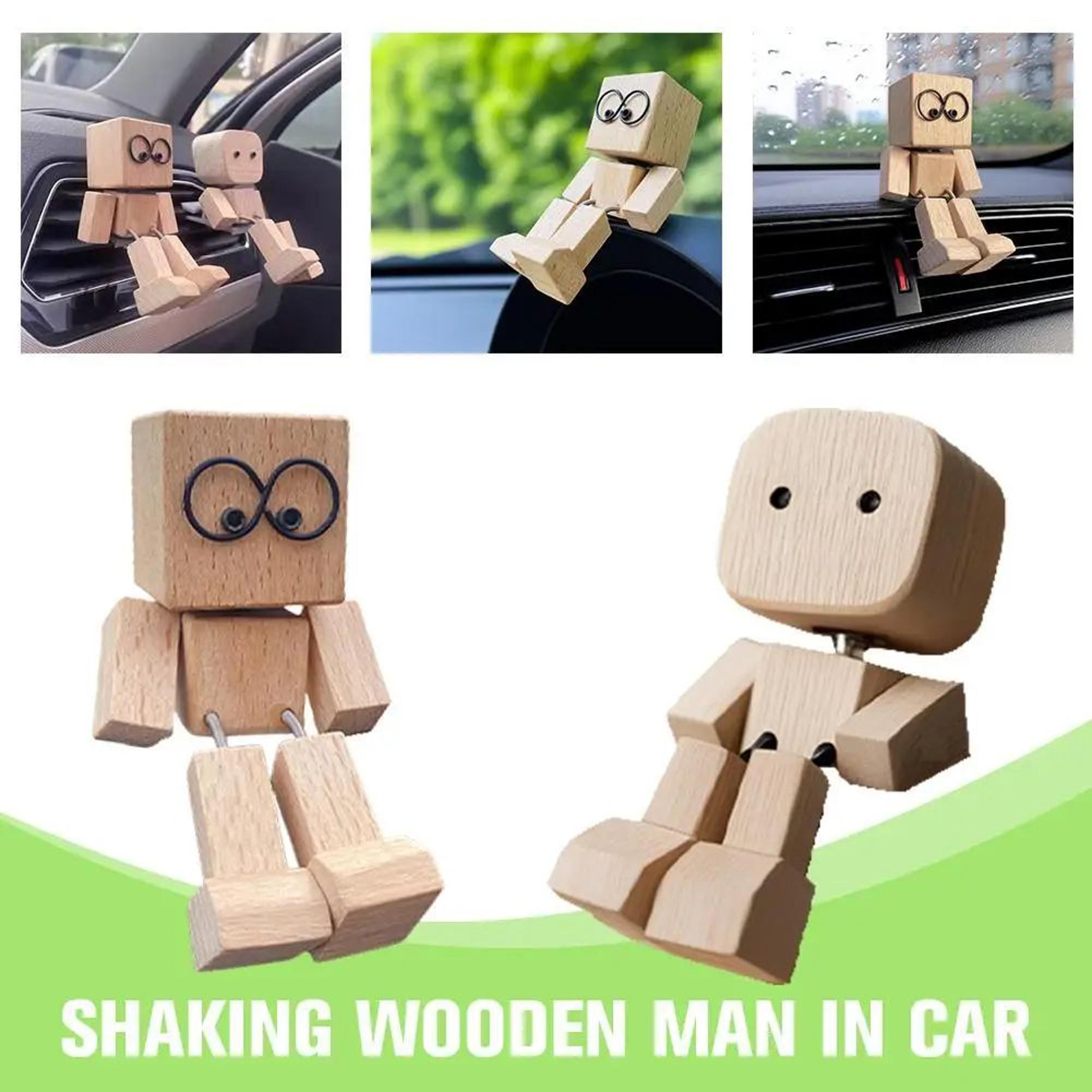 cute shaking wooden man car ornament - stress-relief dashboard figurine, funny auto interior decor, wobble leg toy
