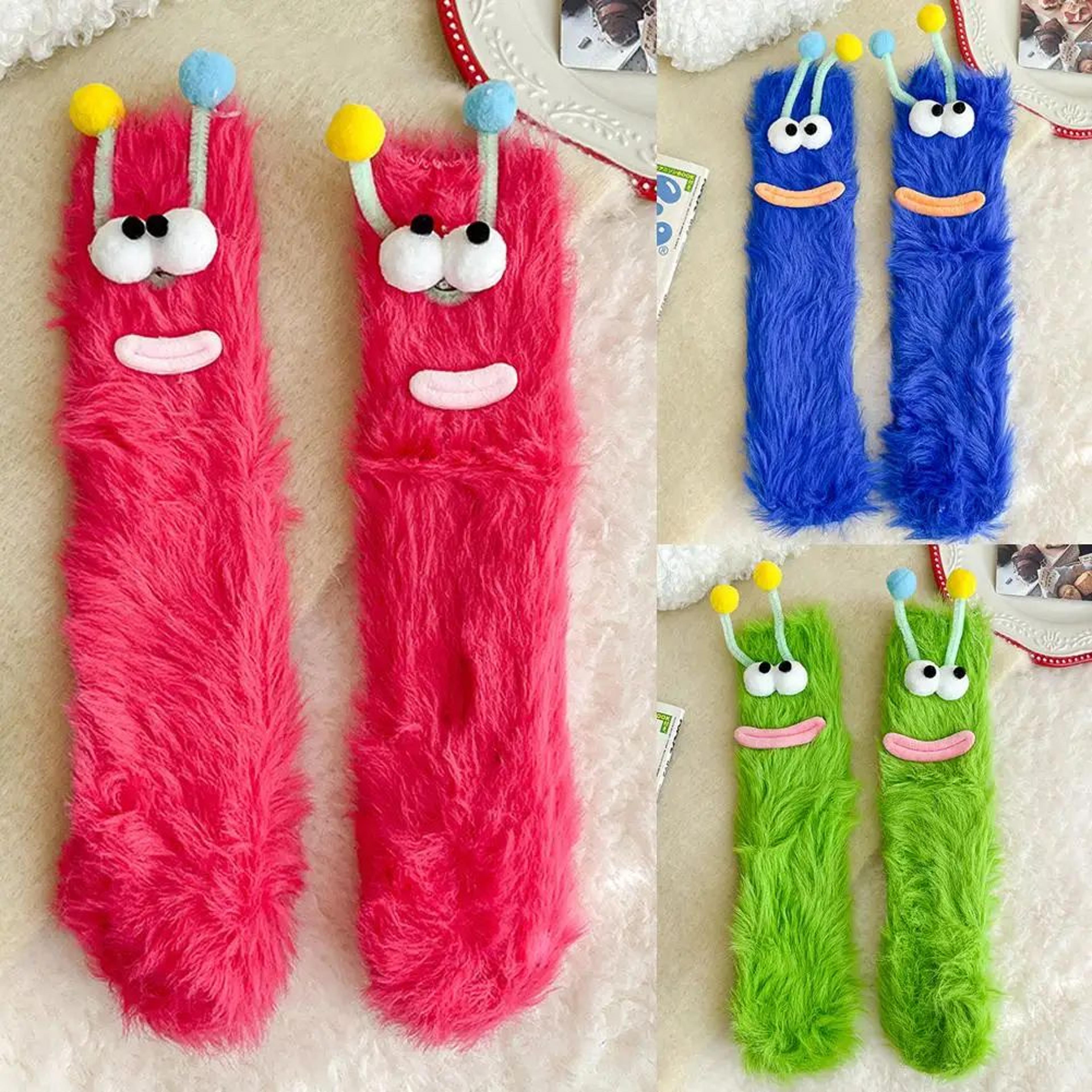funny monster fuzzy socks -thick coral fleece warm floor socks with big eyes, cute cozy winter gift & christmas stocking