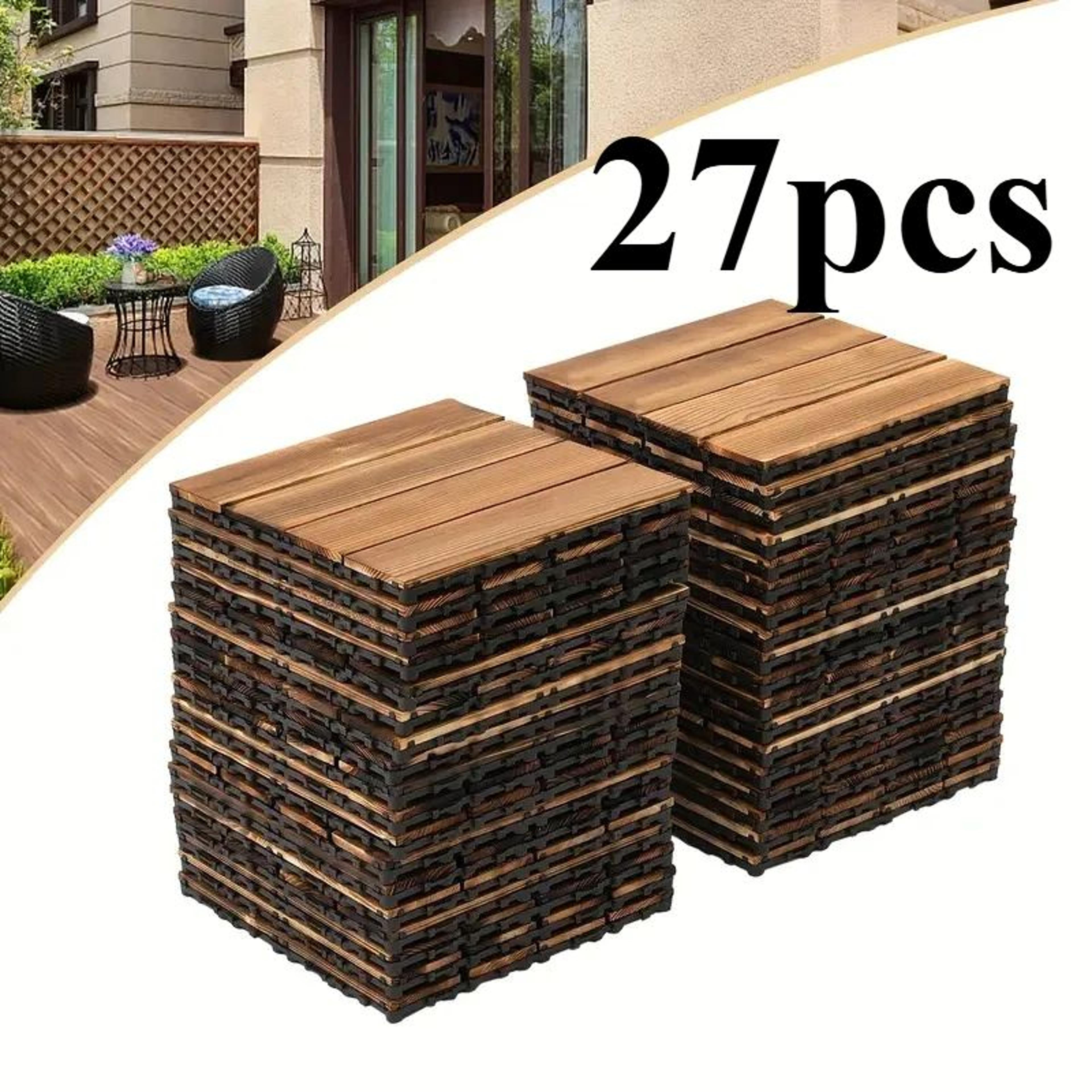 27 pcs interlocking solid wood deck tiles - diy outdoor flooring for patio, garden, terrace & poolside upgrade