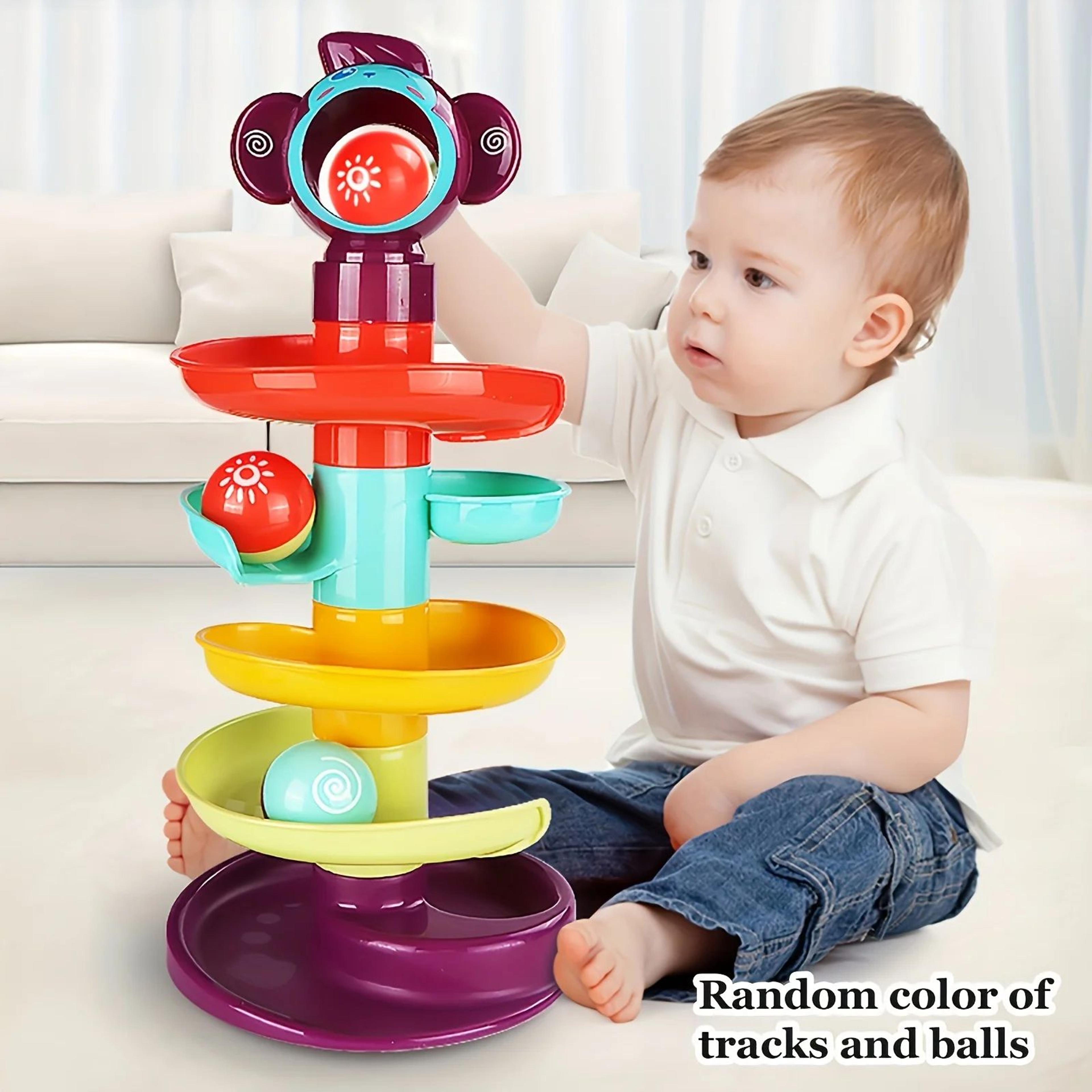 educational ball track tower toy for toddlers 10m+ - rolling & spinning balls, fine motor learning play