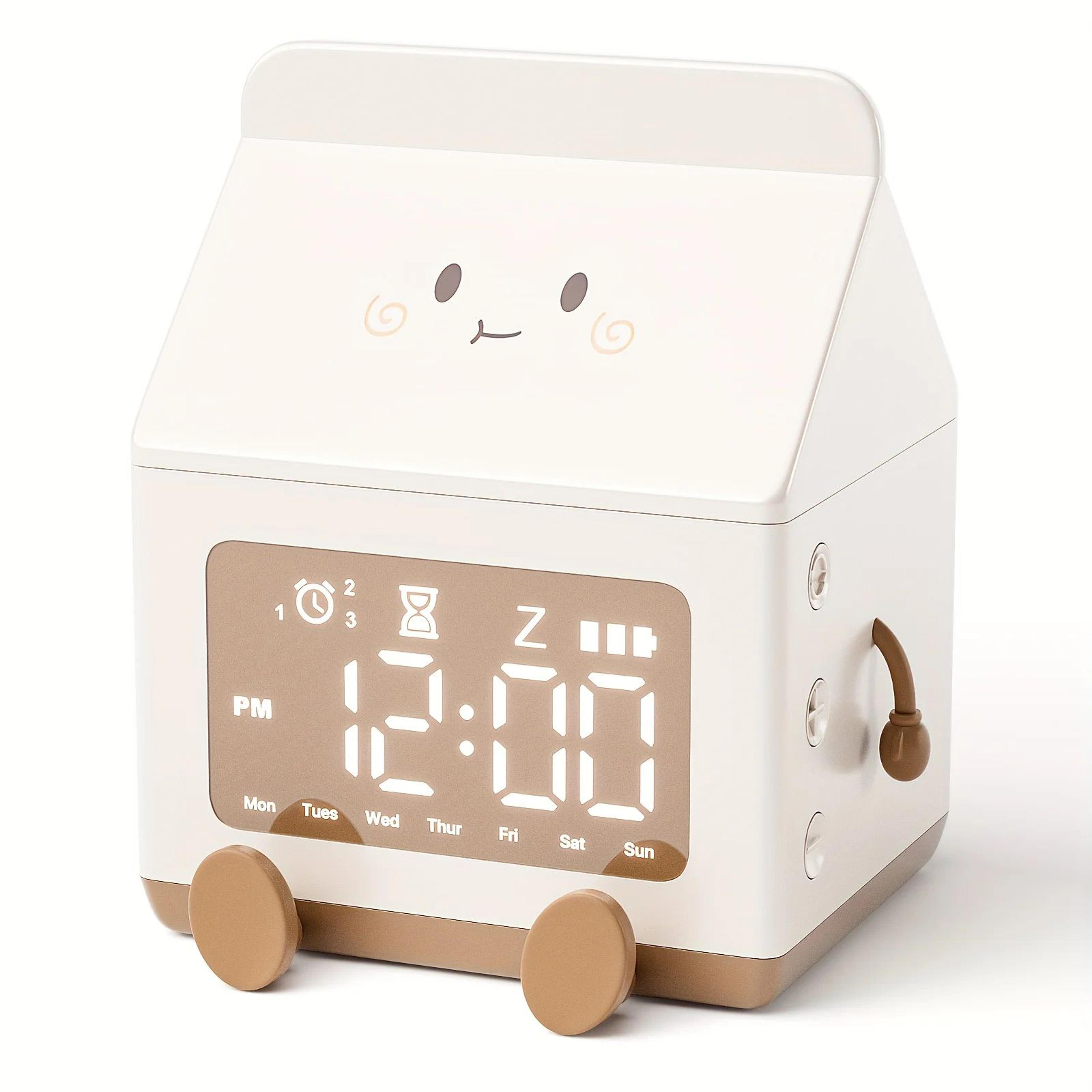 cute milk box digital alarm clock - mini led date display, countdown timer, silent triple alarm, rechargeable