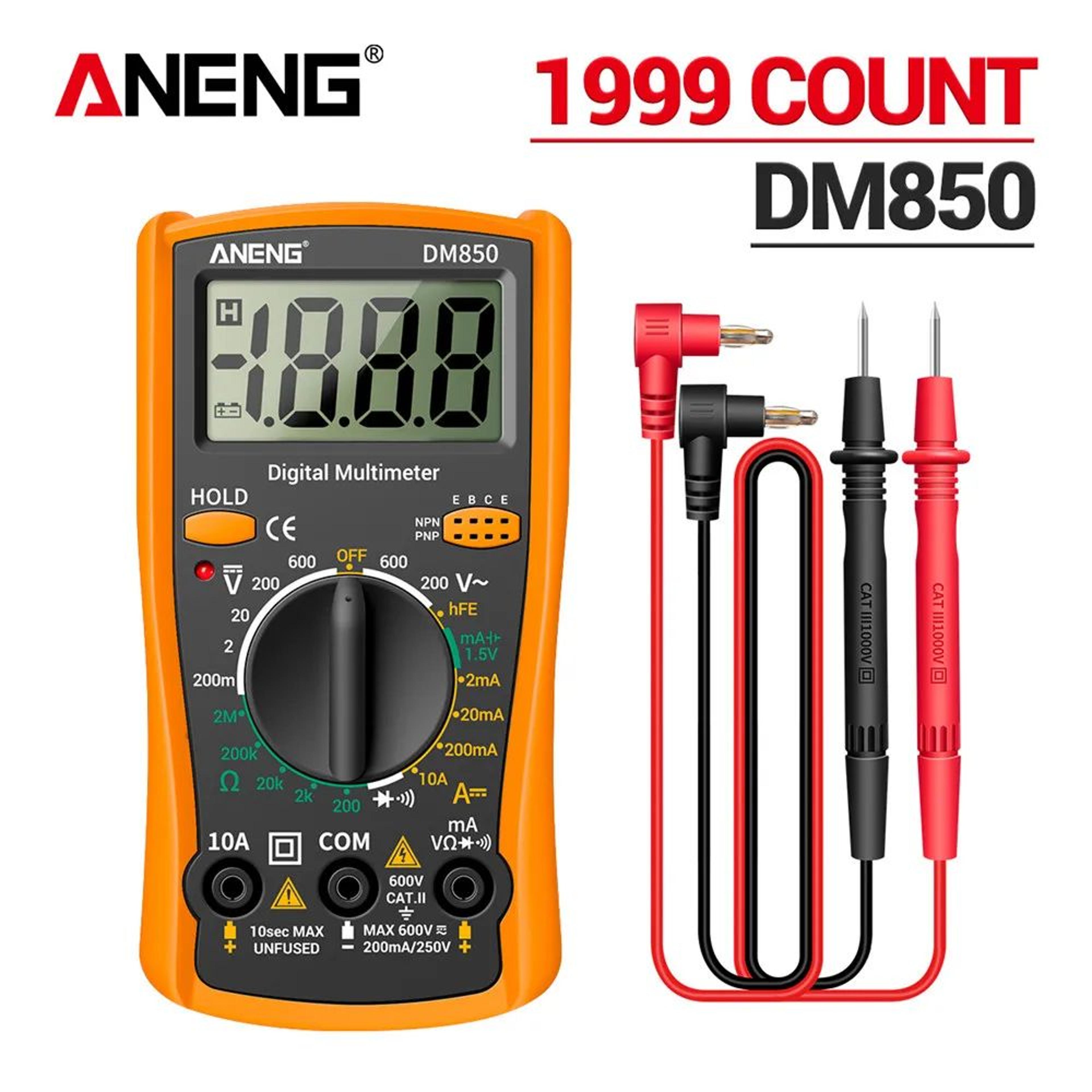 aneng dm850 1999-count digital multimeter, ac/dc voltage tester, ohm & diode meter, 10a ammeter, compact