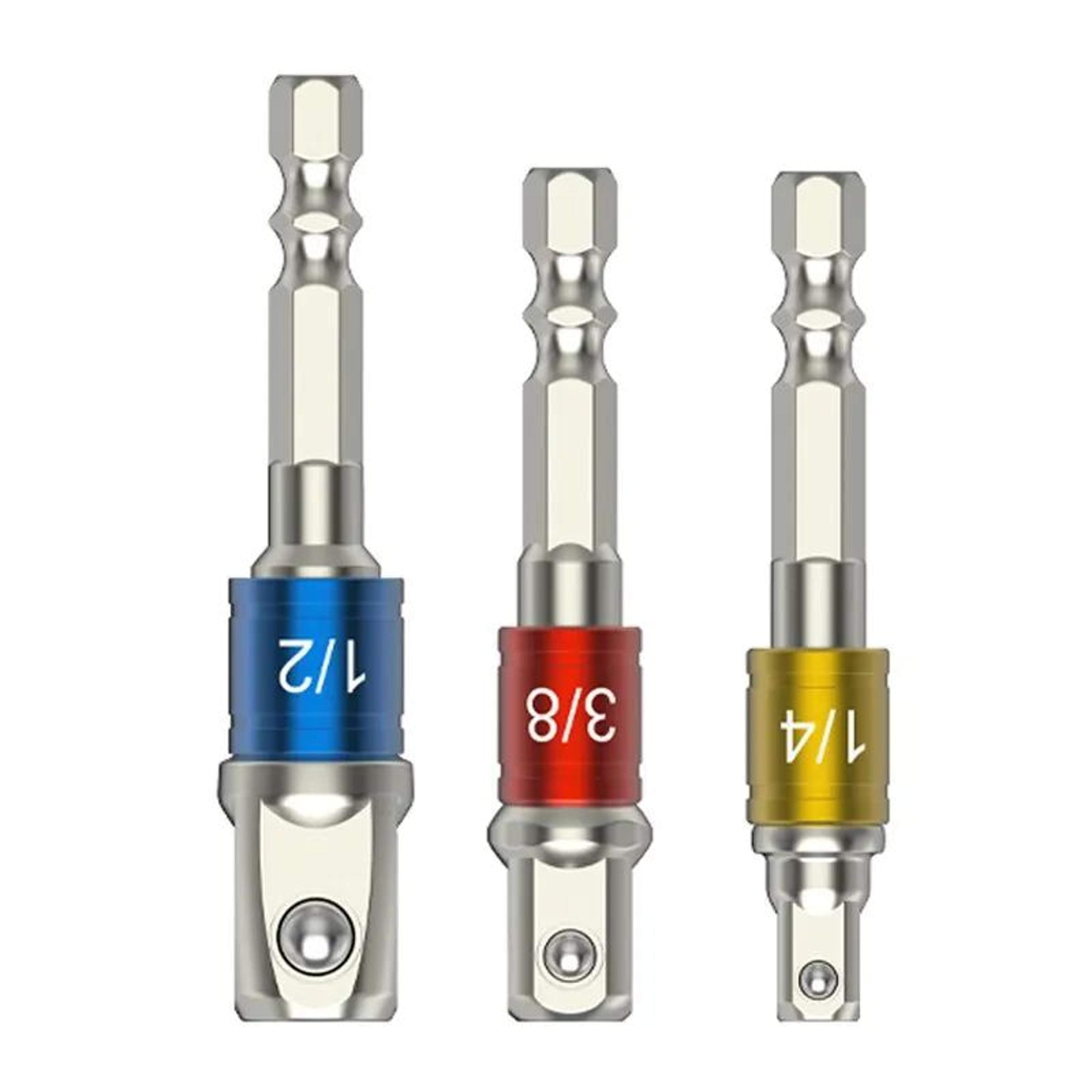 3pcs hex shank socket adapter extension set, 1/4 3/8 1/2 inches square drive, quick-change for impact driver