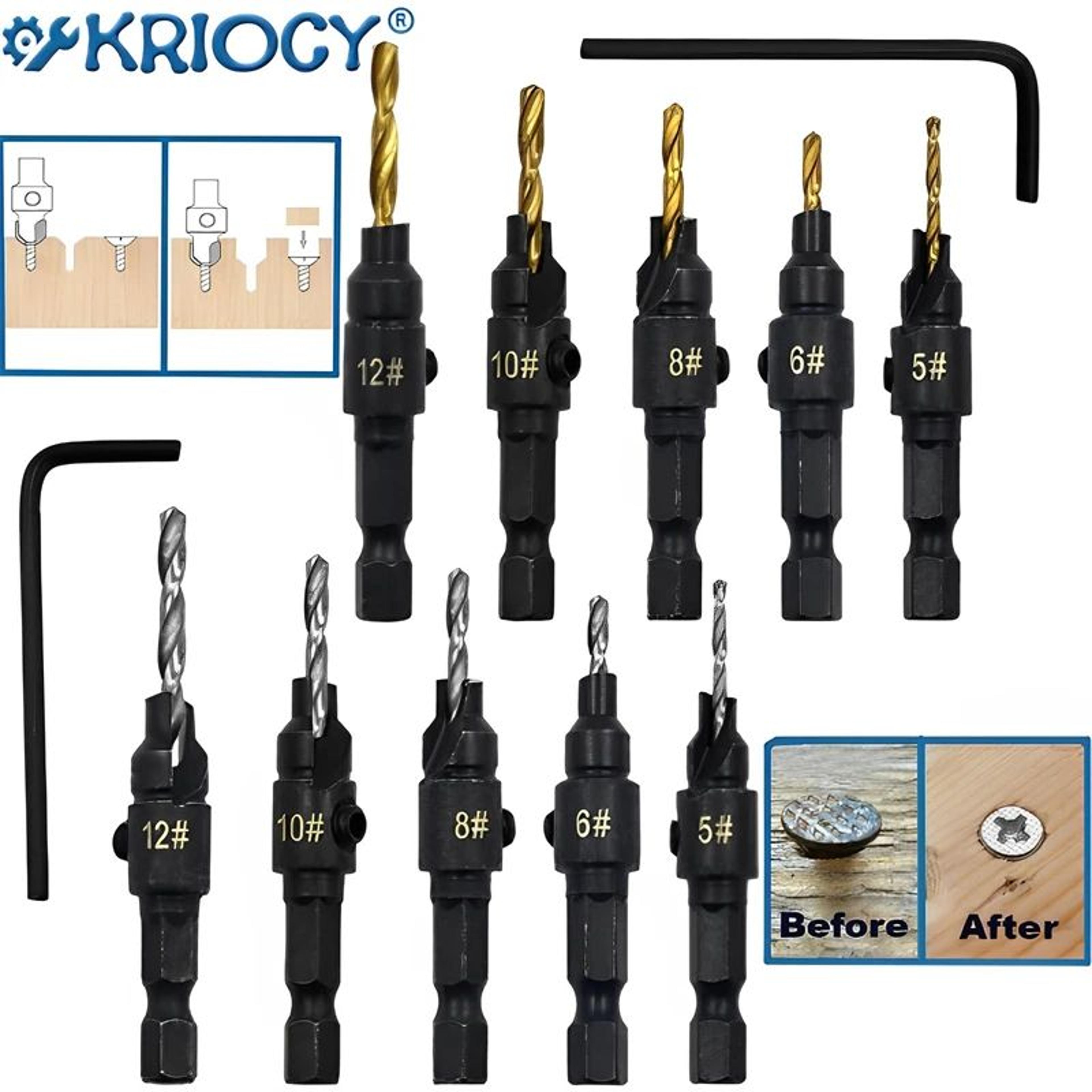5 pcs countersink drill bit set for wood screws no5-12 - adjustable pilot hole & counterbore, 1/4 inches hex shank