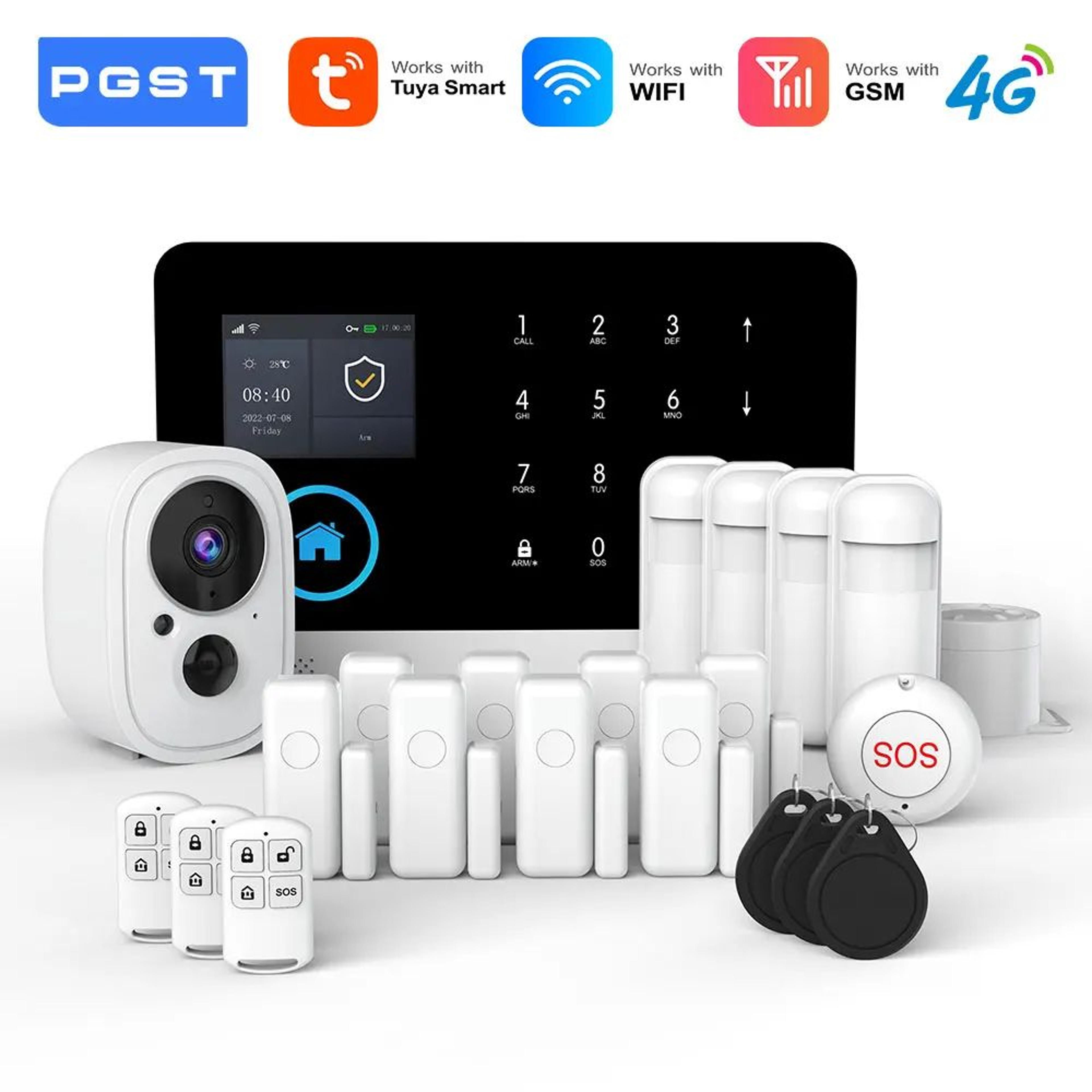 pgst 103 smart home security alarm system – 4g/2g gsm wifi burglar alarm with 2.4 in screen, rfid & pir motion