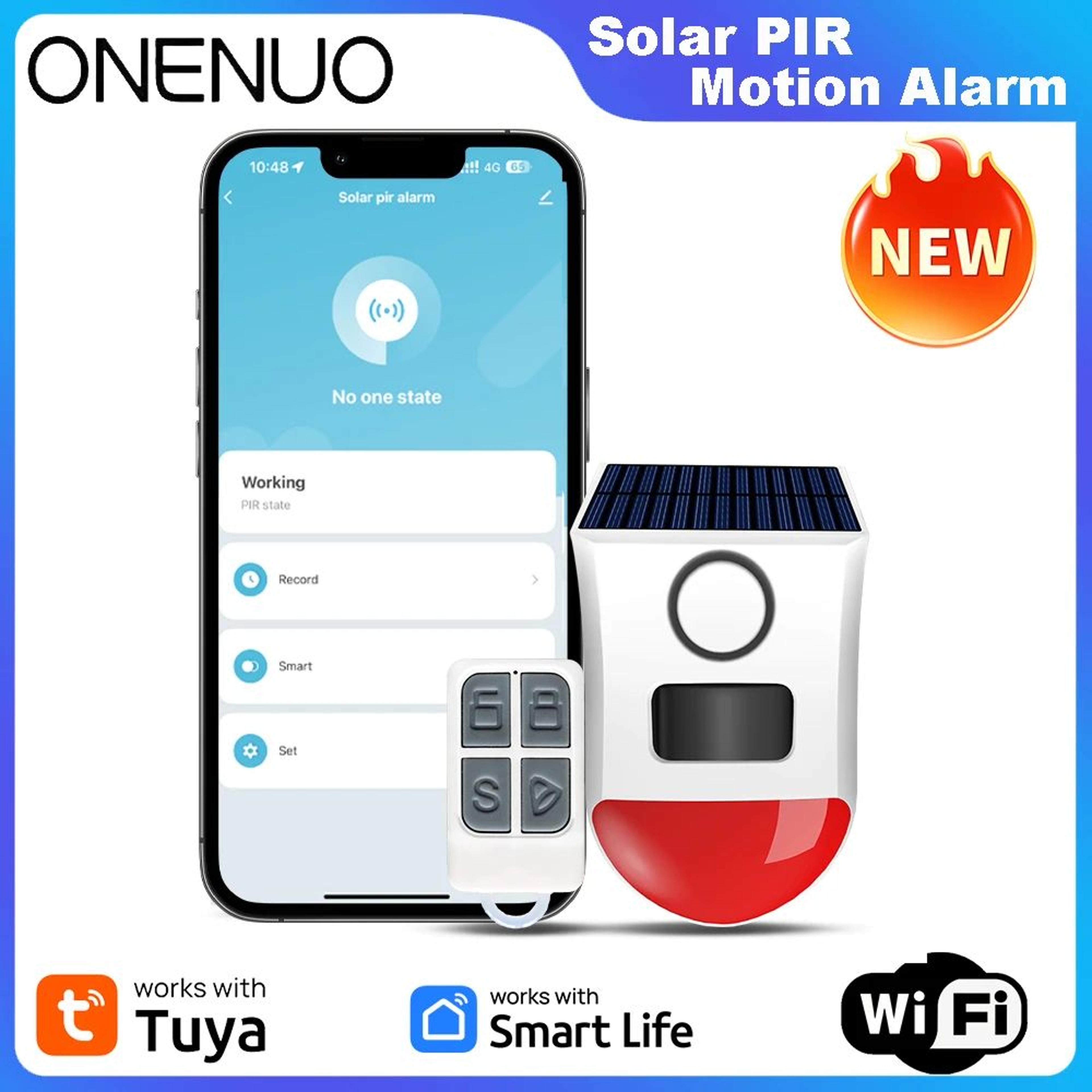 solar pir motion sensor alarm with tuya app, wifi outdoor wireless siren, waterproof 120db security strobe